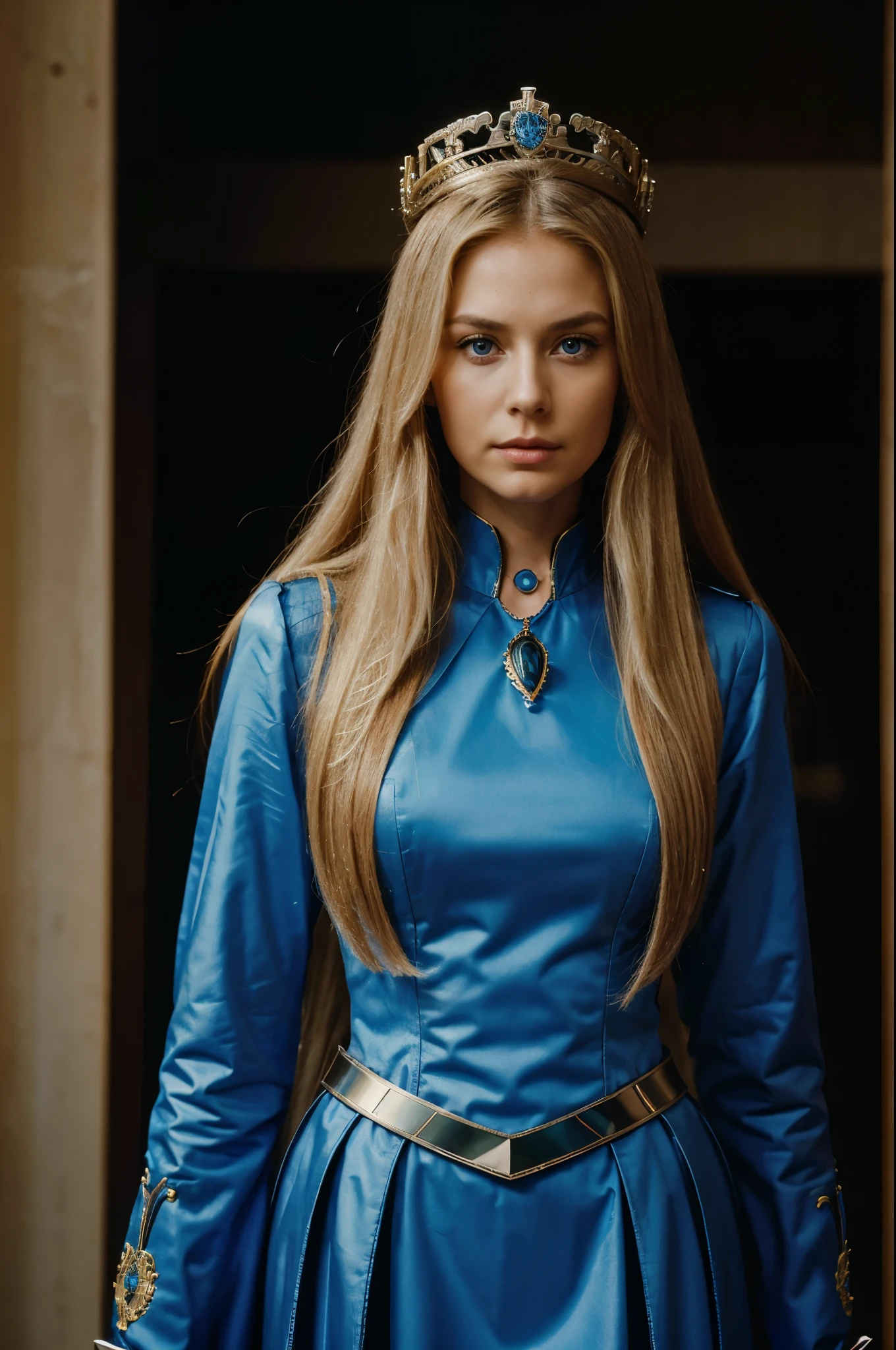 During a session of the United Nations Assembly, at the lectern to make a speech, a woman 30 years old, very long straight hair, very blond hair, slim, blue eyes, wearing a futurist long royal dress, mix of armor and dress and a royal crown, intense gazing eyes, as a conceptual AI, ultra-resolution, intricately detailed, medium shot, low angle, 8k by Helmut Newton