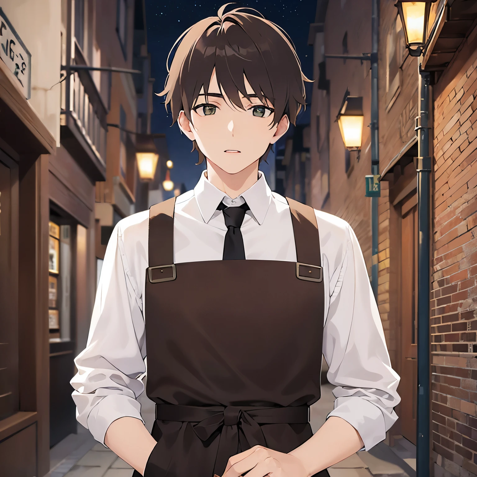 BREAK (25-year-old male:1.5) and (Mahogany brown short hair) and (Green Eyes)
 BREAK (white collared  long shirt) 、apron、(looking away:1.5),upper body、open hands,Looking down、
masterpiece、Highest quality、
confused、open mouth,The background is a back alley at night、（Night Sky：1.5）、alone、Upper body is shown