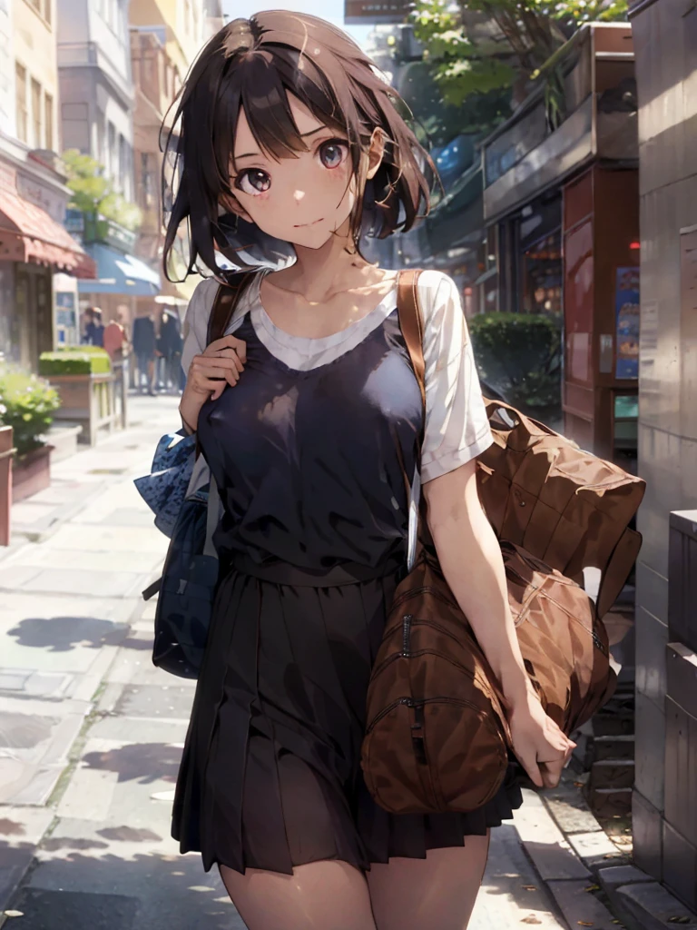 Extremely beautiful school girl, brown hair , pantie tug, covered_nipples, blue bra, blushed, [small breast], , have a school bag, noughty face, summer, Styled with gears and mechanical accents