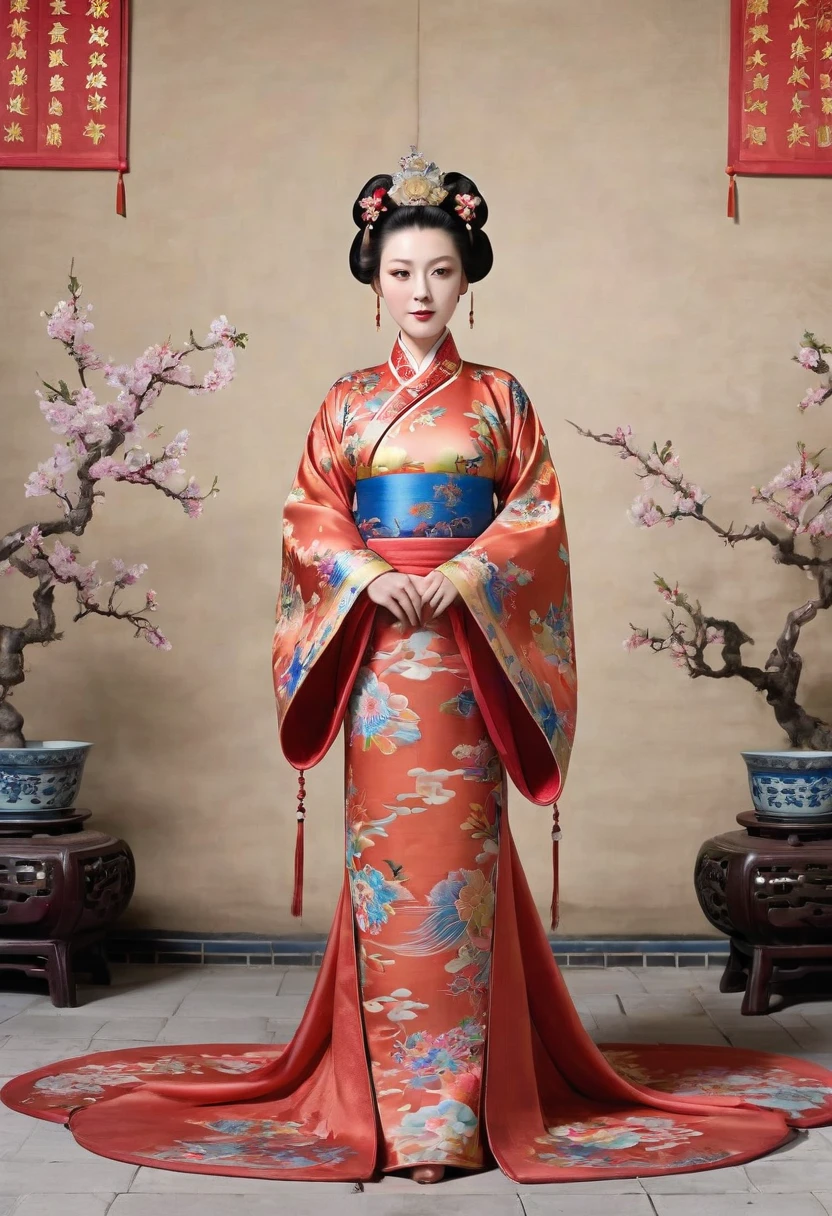A naked picture of the empress of the Qing dynasty in China, standing in front of the camera, showing her large breasts, hairy abdomen, and pubic hair.、
Her hair is tied up and pulled up with a gorgeous flower ornament on both sides.、Chinese style Qing Dynasty empress crown background on stone pavement outside the Chinese palace of the Qing Dynasty