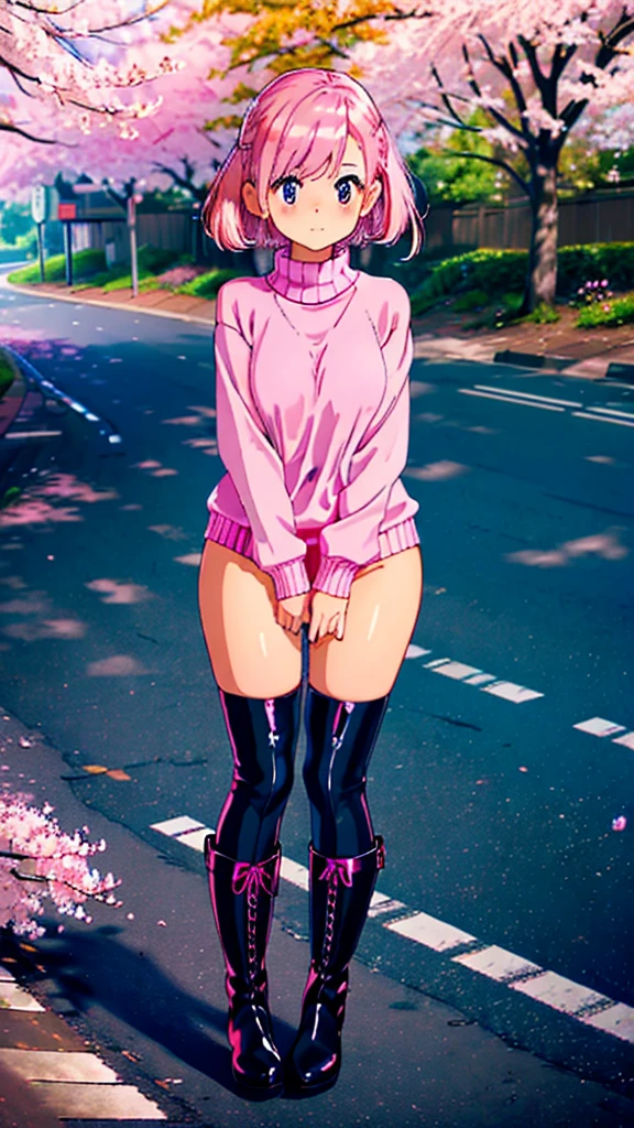 (NSFW, Highest Quality, Masterpiece), (Shiny skin, Metallic sheen on the sweater), (Very detailed, from the girl's tousled pink hair to her polished boots), (Wide-angle, capturing the expansive road and surrounding pink cherry blossom trees), (Full body shot, highlighting the girl's curves and fashionable attire), (Composition, balance, and harmony in the arrangement of the girl and the environment), (Rhythm in the movement of the cherry blossoms and the road), (Color contrast between the pink blossoms and the girl's pink hair and sweater), (Light and shadow, creating depth and dimension),