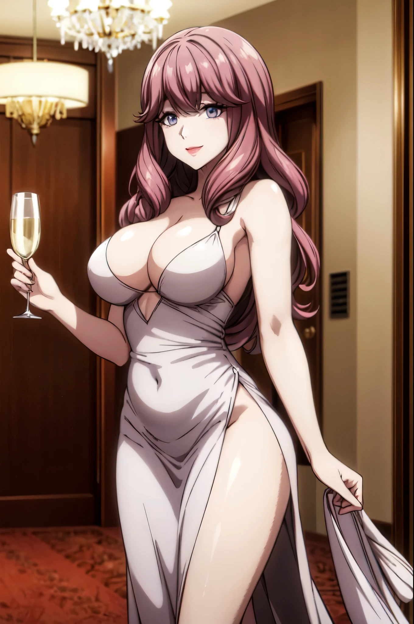 perfect eyes:1.2, detailed eyes:1.4, hall, smile, chandelier, mansion, medium hair, holding a champagne glass, official art, Kurayoshi_R, cleavage, large breasts, white dress, pelvic curtain, long dress, medium full shot, thigh-level shot, 1girl,(masterpiece:1.6, best quality),