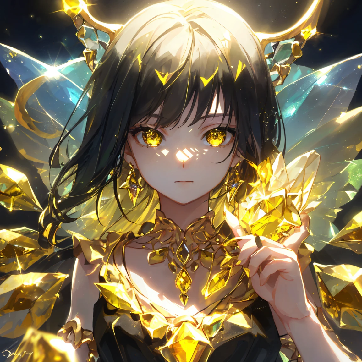 1 girl masterpiece, highest quality, shape, yellow quartz eyes and hair, yellow quartz earrings, yellow quartz necklace, jewelry, metal fairy, cute, (dynamic lighting:1.2), cinematic lighting, delicate features, fine eyes, sharp pupils, realistic student, written boundary depth, Bokeh, sharp focus, (very detailed, bloom, shine:1.4), lots of little gems