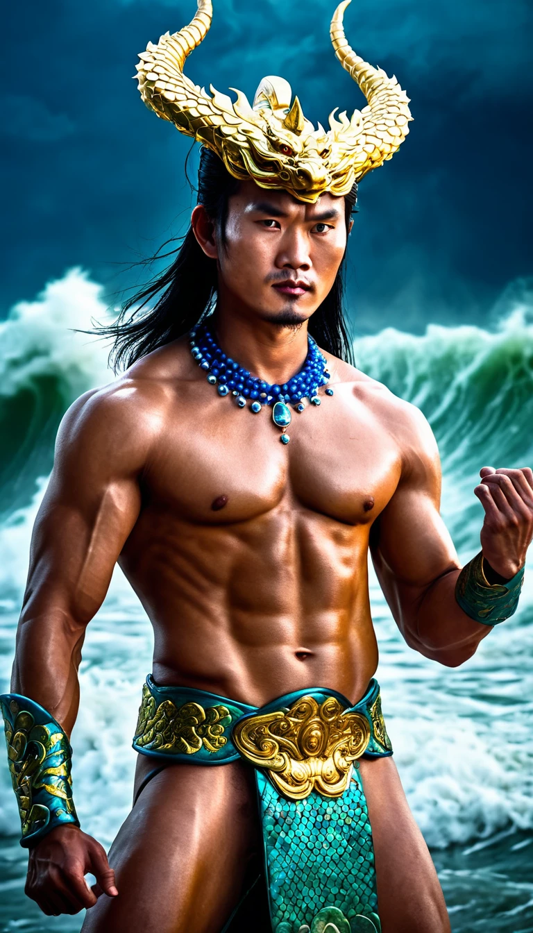 Extremely detailed close-up portrait of Lac Long Quan, a legendary male god in Vietnamese mythology, photographed from the waist up. A handsome face with strong features, sharp eyes shining with supernatural power, seeing through the human heart. Long, flowing black hair with interwoven iridescent scales. Majestic dragon horns protrude from the forehead, curved and shiny. Muscles rippling with supernatural power, skin with a texture resembling delicate dragon scales. Wearing an elaborate gold necklace decorated with gemstones that glow with an inner light. In his hand, he holds an ancient, unusual weapon - perhaps a trident or a sword - that radiates mystical, mythical energy. The god Lac Long Quan stands tall and majestic, a colossal figure of a god-like presence and supreme power of the Vietnamese people. His pose exudes power and confidence, dominating the frame, dominating the dark, chaotic world. Behind him, a stormy seascape with huge waves crashing violently, the sky is dark and ominous, filled with swirling storm clouds and flashes of lightning. The entire scene conveys a sense of his epic scale and divine power. Rendered in a surreal digital art style with dramatic lighting to enhance the intense atmosphere and highlight the divine appearance of Lac Long Quan. The image emphasizes the contrast between the calm, powerful demeanor of the god Lac Long Quan and the chaos of the elements around him that have been conquered and subdued.
