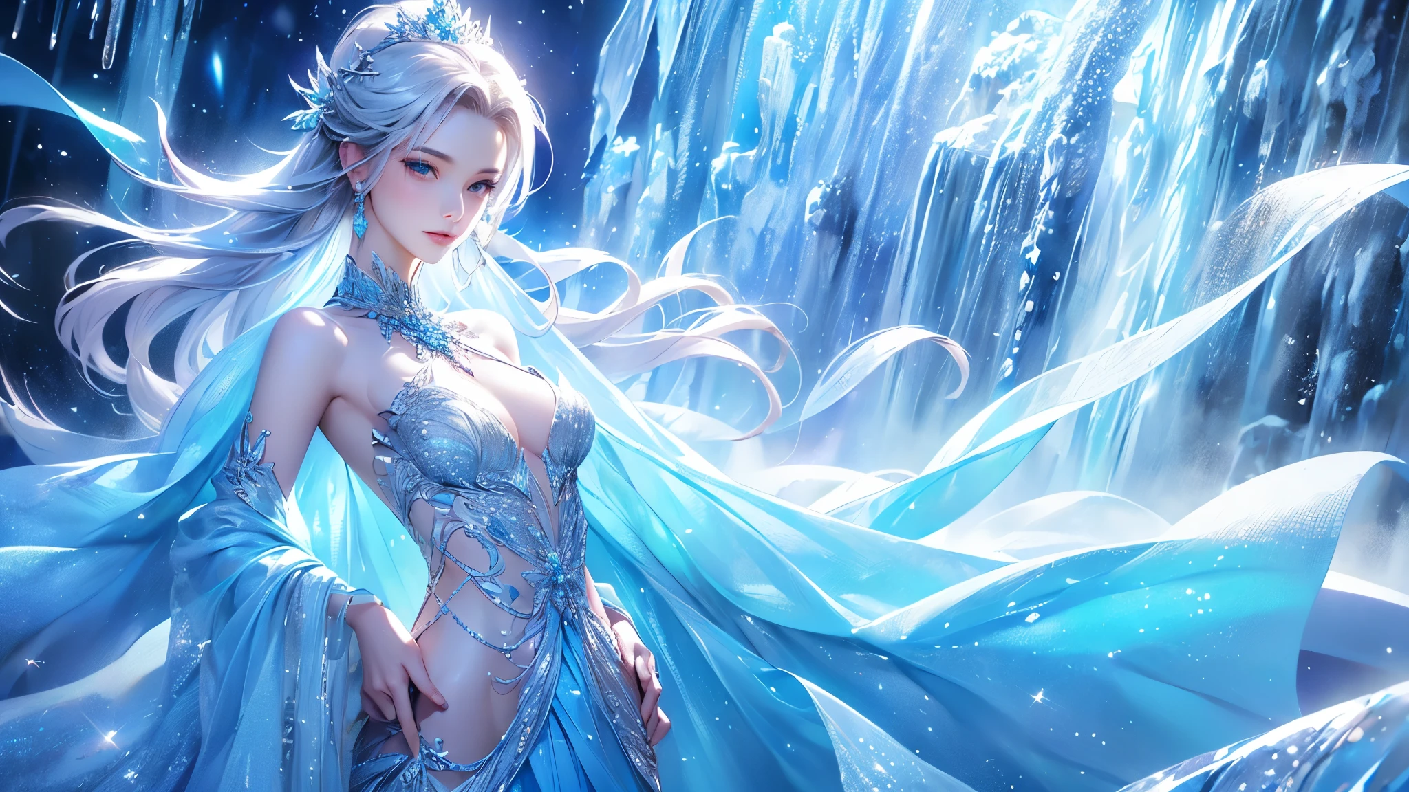 (2/3 body photo:1.5)wood, Exquisite mini ice spikes and crystals, Frozen waterfall in the background, Light reflected by ice crystals, Flowing snowflakes.1 girl, Beautiful woman、pretty girl,A realistic person,Beautiful cleavage,((small breasts)),Thin legs、Curved waist、stand