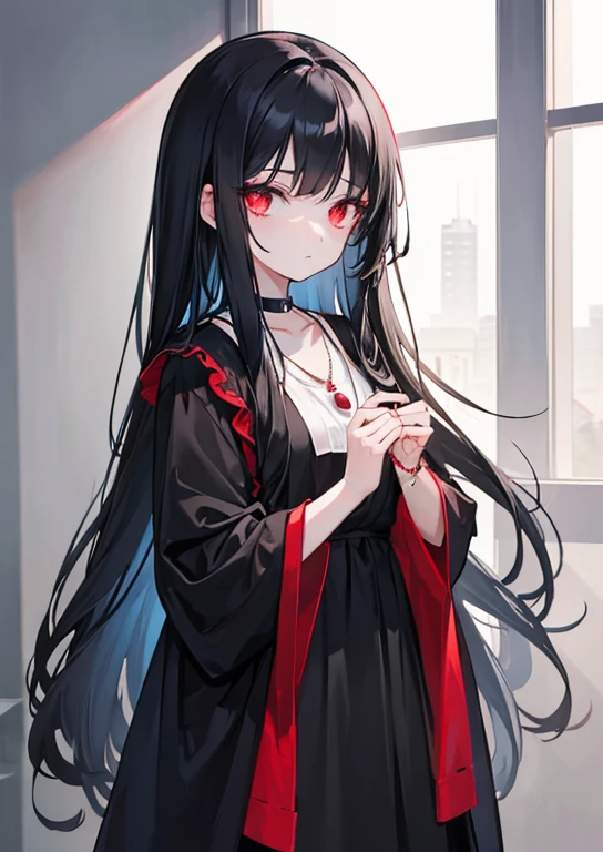 A girl with long black hair, Eyes red, she wears black and red clothes, She has a necklace around her neck with a light blue pearl