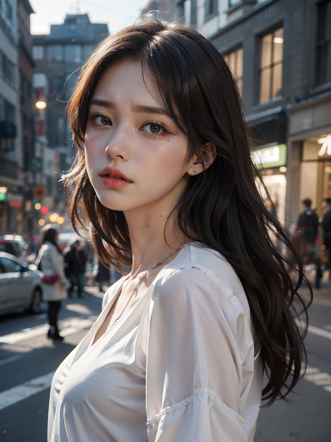 Highest quality, masterpiece, Ultra-high resolution, Realistic, One girl, White blouse, Crying face,City of night,Beautiful Skin,long hair,Brown Hair,Brown eyes