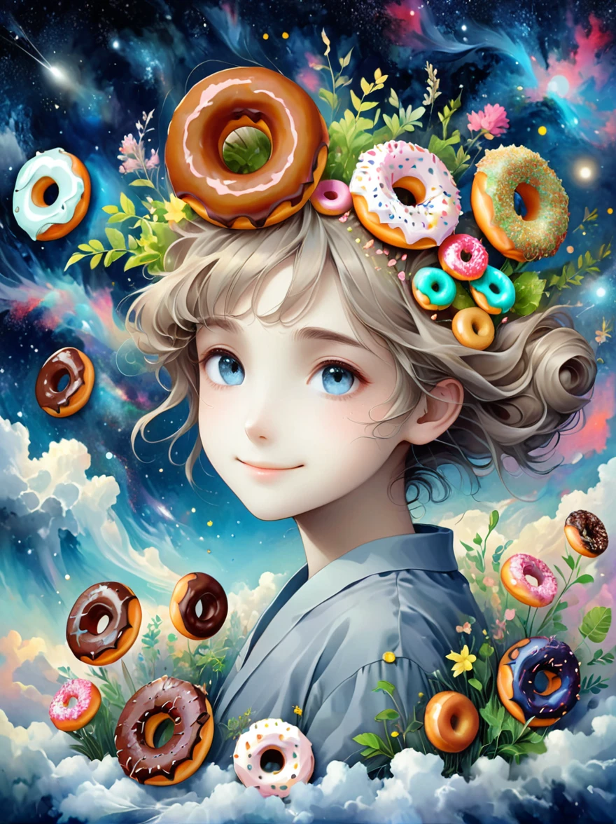 (masutepiece,Digital art,Digital illustration,8k,Super Fine,Beautiful images,Clear images,Photorealism,original photo,Perfect face,Perfect lines,Perfect eyes,Soft Lighting),1girl,(Light brown hair,High bun,Innocent expression,drooped eyebrows,droopy eyebrows,Droopy eyes,Cute big eyes,Natural makeup,Friendly smile,Rounded chin,Petite female:1.3),1boy,(Men wear,muscular,Broad and strong shoulders,Adult male,Boyish Hairstyle,British gentleman style,Cool Boy、A man with a big smile:1.2),(nervous,shy,sleepy,Awkward:1.2),Innocent smile,(Awkward,shy的微笑:1.1),充满灯光的Donut店,Donut,各种Donut,Uniforms,suit,Black plaid pleated skirt,Loose cardigan,Female high school student,(吃Donut:1.9),Couple,(microorganism,plant,Marine life,Exquisite eyes,Starry Sky,Stitching together an abstract painting,Describing the inner world of autistic people,Sense of space,White Space,interesting,Innocence,Psychedelic Art),