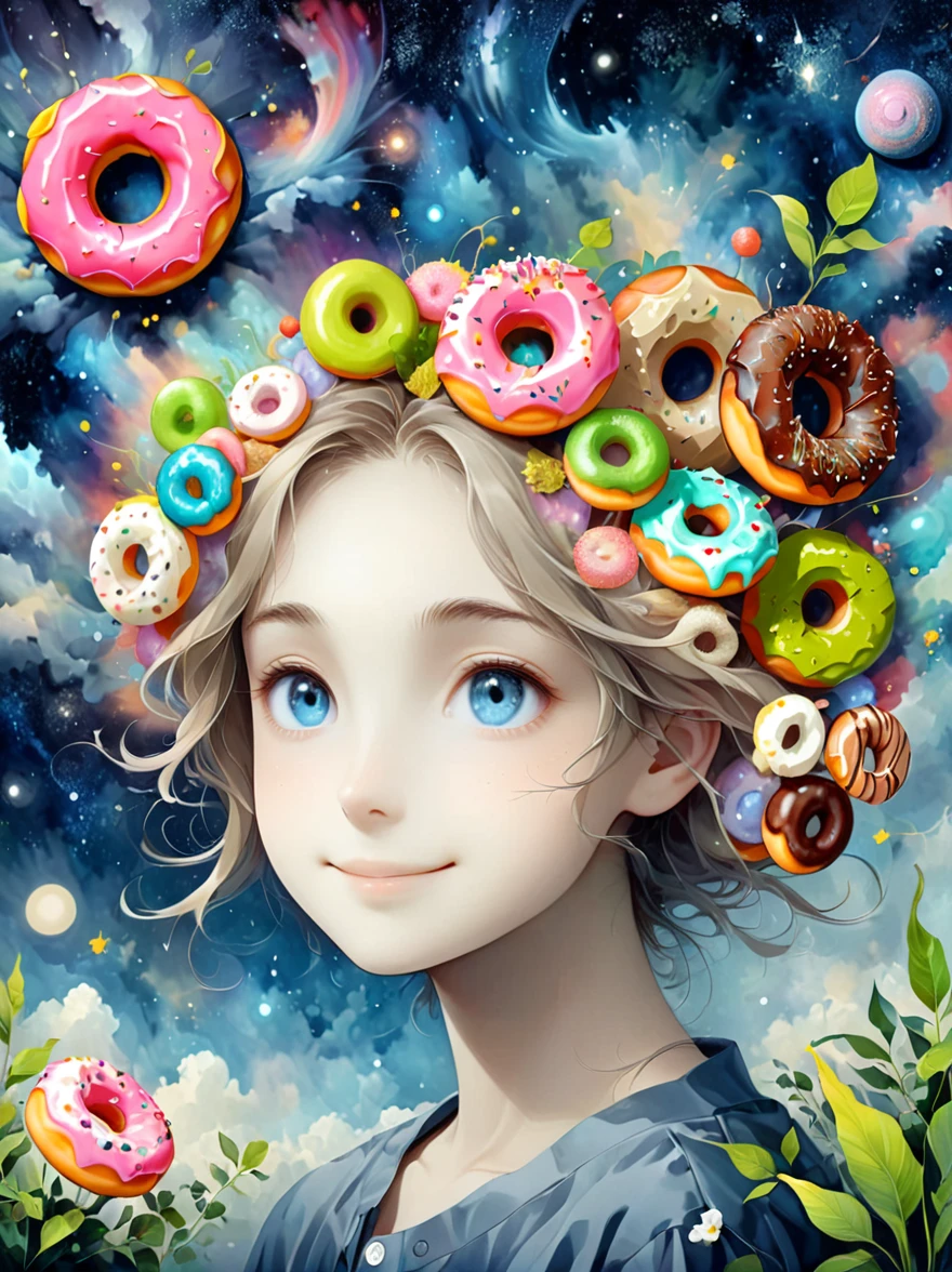 (masutepiece,Digital art,Digital illustration,8k,Super Fine,Beautiful images,Clear images,Photorealism,original photo,Perfect face,Perfect lines,Perfect eyes,Soft Lighting),1girl,(Light brown hair,High bun,Innocent expression,drooped eyebrows,droopy eyebrows,Droopy eyes,Cute big eyes,Natural makeup,Friendly smile,Rounded chin,Petite female:1.3),1boy,(Men wear,muscular,Broad and strong shoulders,Adult male,Boyish Hairstyle,British gentleman style,Cool Boy、A man with a big smile:1.2),(nervous,shy,sleepy,Awkward:1.2),Innocent smile,(Awkward,shy的微笑:1.1),充满灯光的Donut店,Donut,各种Donut,Uniforms,suit,Black plaid pleated skirt,Loose cardigan,Female high school student,(吃Donut:1.9),Couple,(microorganism,plant,Marine life,Exquisite eyes,Starry Sky,Stitching together an abstract painting,Describing the inner world of autistic people,Sense of space,White Space,interesting,Innocence,Psychedelic Art),