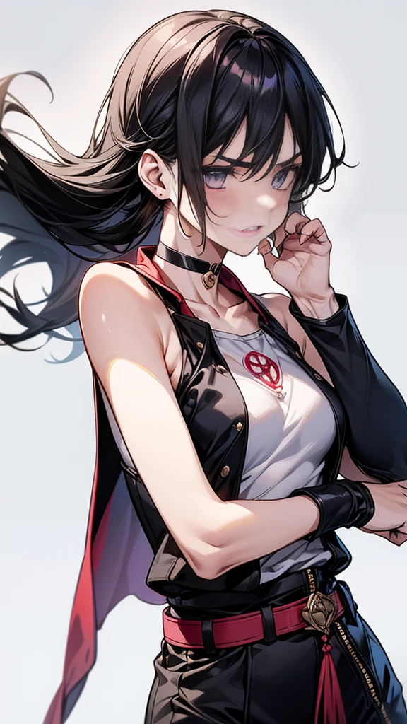 {{masterpiece}}, {{{Highest quality}}},{{Very detailed}},1girl,30years old,{Mature Woman}},{{Loose-fitting sleeveless zip-up martial arts uniform:1.4}},Raise your arms,{{Armpit exposure:1.4}}, ,{{Pelvic Curtain:1.4}},arms up,Grit your teeth,furrow one's brow ,{{from side}},Cowboy Shot,{{Small breasts}},Small face,{{Slender female fighter}},{{v-shaped eyebrows}},Bad mood,blush、Sweat ,アームカバー,Black Hair,fingerless gloves,Thighs,belt clavicle choker Side slits