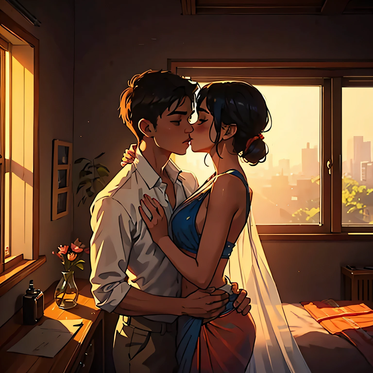 Young boy shirtless kissing a sexy woman wearing a saree near a windowsill, natural light beaming through window, passionate love-making, making out, intensely intimate