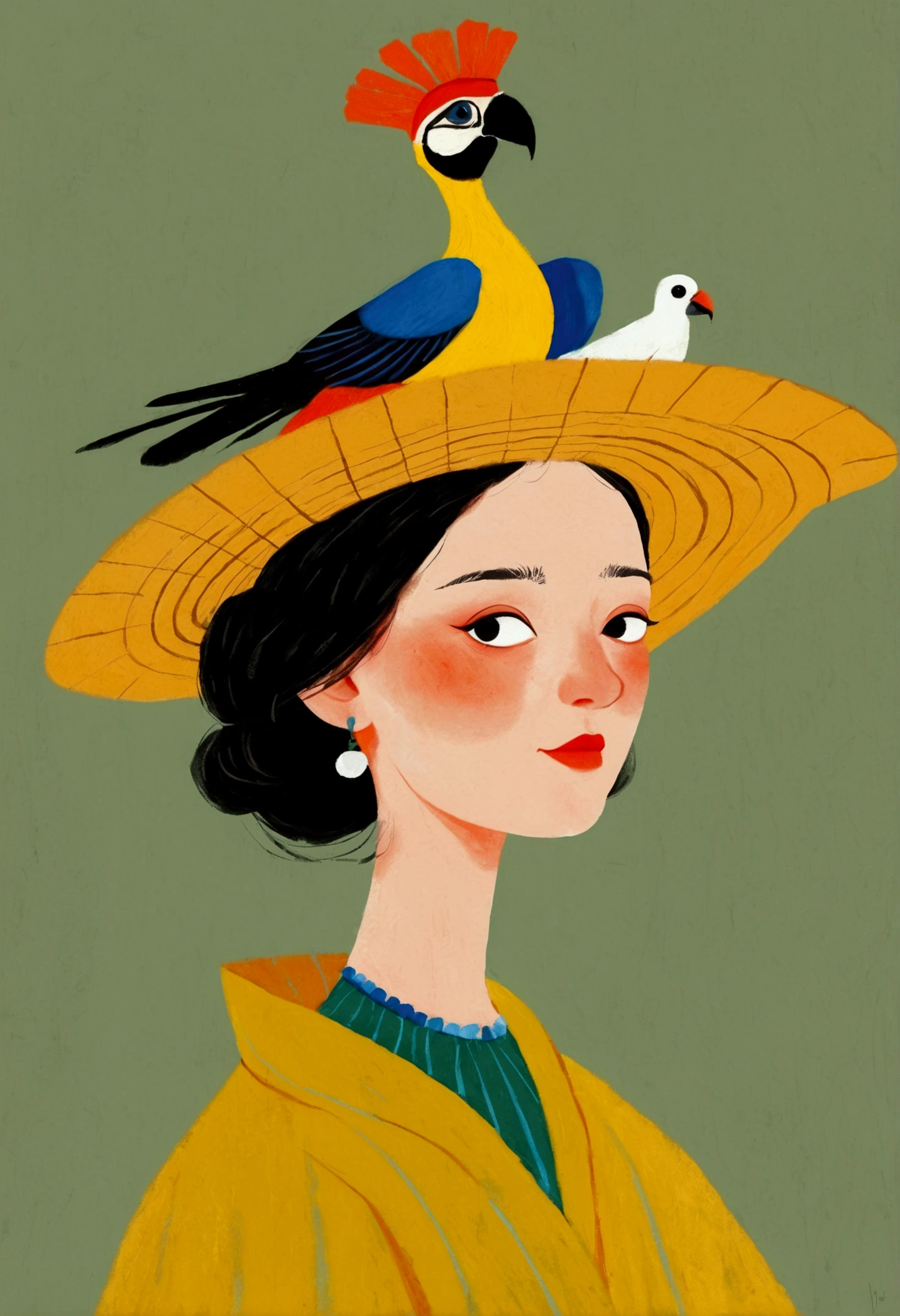there is a drawing of a woman with a bird on her head, there are birds on her head, parrot on head, inspired by Will Barnet, procreate illustration, solo portrait 🎨🖌️, inspired by Johannes Vermeer, bird poo on head, illustration!, inspired by Alex Katz, digital illustration, character with a hat, by Jeka Kemp, inspired by Vermeer
