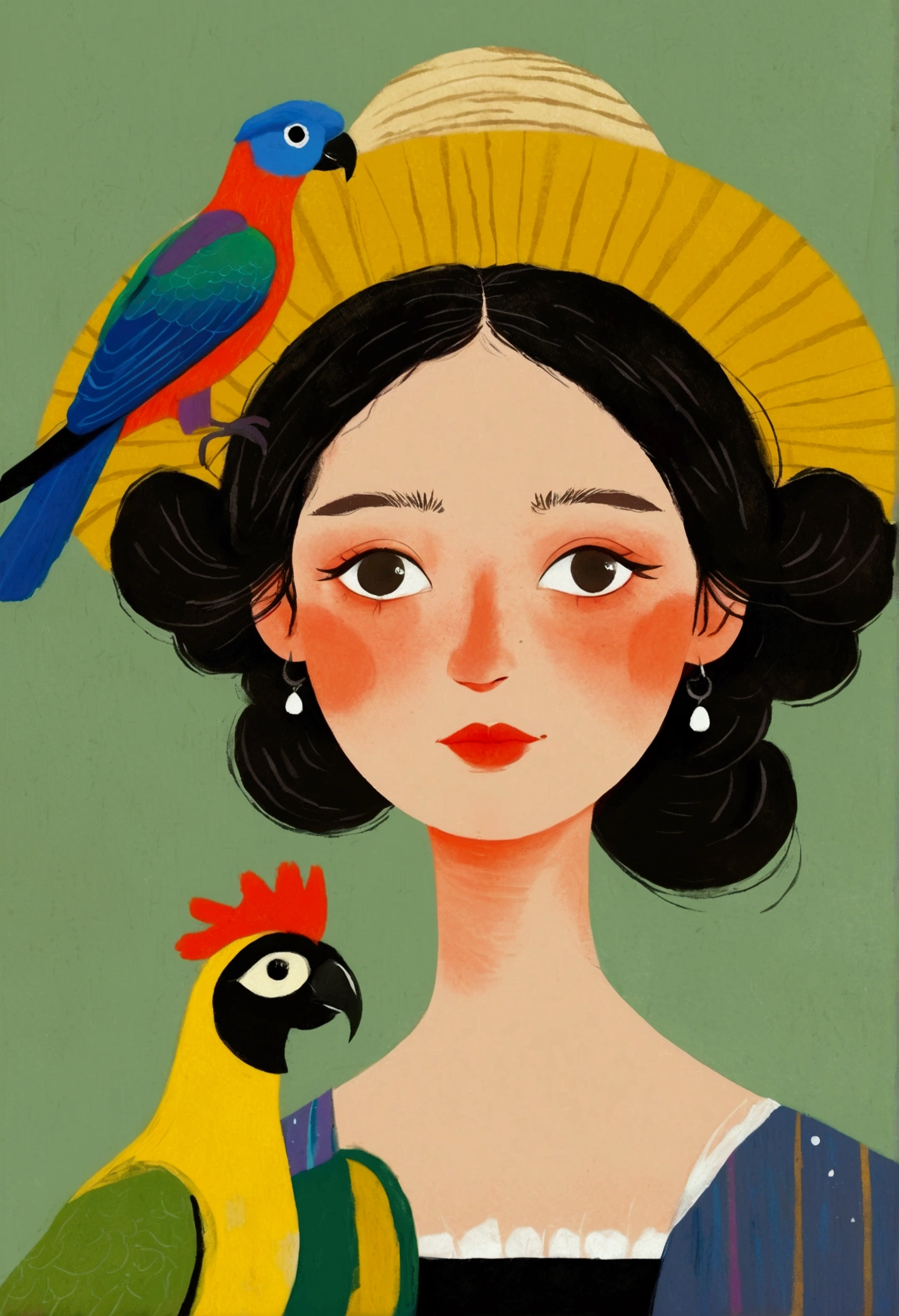 there is a drawing of a woman with a bird on her head, there are birds on her head, parrot on head, inspired by Will Barnet, procreate illustration, solo portrait 🎨🖌️, inspired by Johannes Vermeer, bird poo on head, illustration!, inspired by Alex Katz, digital illustration, character with a hat, by Jeka Kemp, inspired by Vermeer