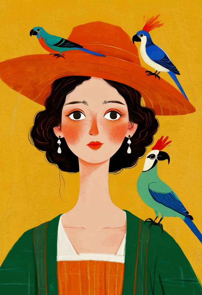 there is a drawing of a woman with a bird on her head, there are birds on her head, parrot on head, inspired by Will Barnet, procreate illustration, solo portrait 🎨🖌️, inspired by Johannes Vermeer, bird poo on head, illustration!, inspired by Alex Katz, digital illustration, character with a hat, by Jeka Kemp, inspired by Vermeer