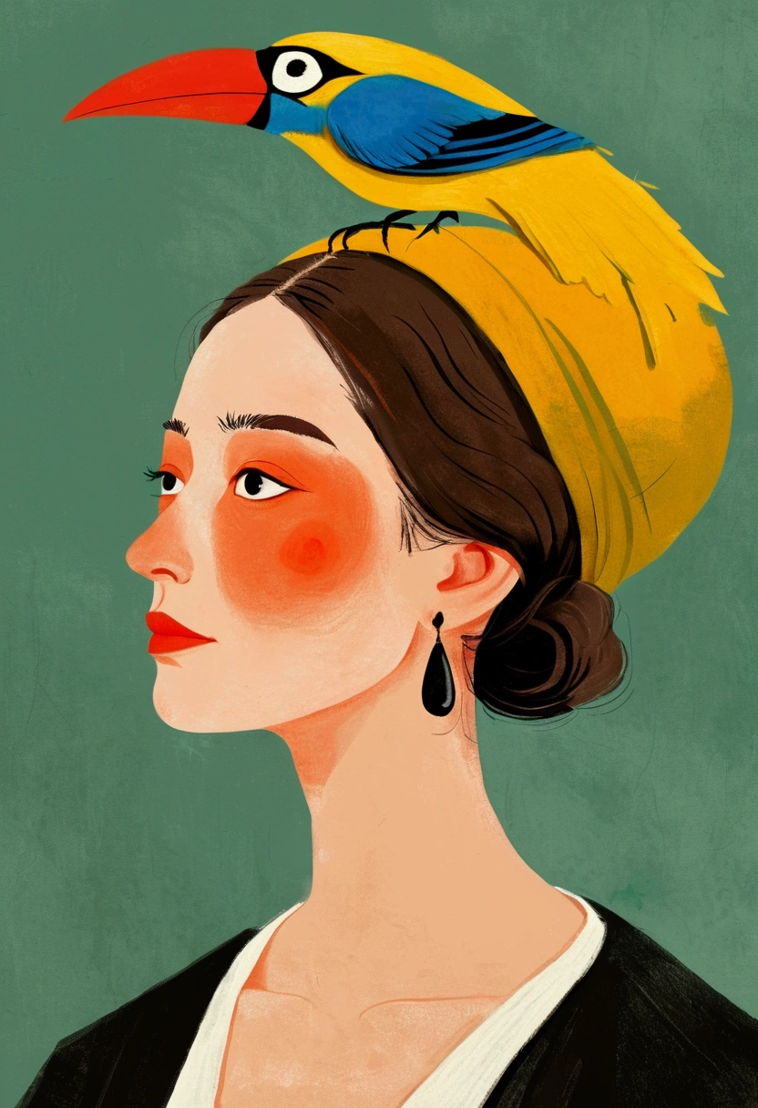 there is a drawing of a woman with a bird on her head, there are birds on her head, parrot on head, inspired by Will Barnet, procreate illustration, solo portrait 🎨🖌️, inspired by Johannes Vermeer, bird poo on head, illustration!, inspired by Alex Katz, digital illustration, character with a hat, by Jeka Kemp, inspired by Vermeer