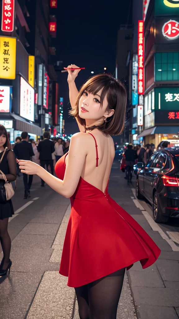 Best image quality、最high quality、high quality、City of night、Night view、city、city of tokyo、girl,Red dressと赤い靴を履いた人のクローズアップ、Sleeveless dress、girl,Red dress、Sleeveless dress、Dress with open chest、backless dress、Raise your arms、big breasts、big 、魅力的なvalley、valley、Side bust、、Thighs、big breasts、big 、魅力的なvalley、valley、look、up close view、Lower body foucus,(blush:1.1), (Open your mouth:1.1),  Senzoku Nishikigi、Short blonde bob、Red eyes、Red ribbon、city内、city、city of tokyo、Beautiful feet、Long legs、Long legs、Red High Heels、Thighs、黒いpantyhose、pantyhose、black tights