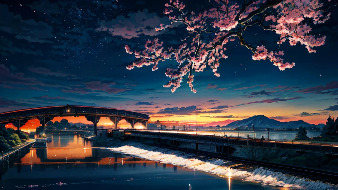 High quality masterpiece, landscape, (Animated train passing through water on the tracks on a bridge), (Animated train),Bright starry sky. Romantic Train, Cherry blossoms are flying, Pixiv, Concept Art, Lofi Art style, reflection. by Makoto Shinkai, Lofi Art, Beautiful anime scene, Anime landscape, landscape, (Makoto Shinkai Style), Enhanced Details.