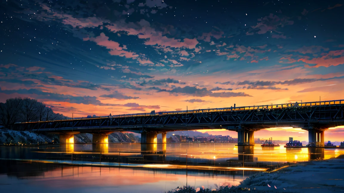 High quality masterpiece, landscape, (Animated train passing through water on the tracks on a bridge), (Animated train),Bright starry sky. Romantic Train, Cherry blossoms are flying, Pixiv, Concept Art, Lofi Art style, reflection. by Makoto Shinkai, Lofi Art, Beautiful anime scene, Anime landscape, landscape, (Makoto Shinkai Style), Enhanced Details.