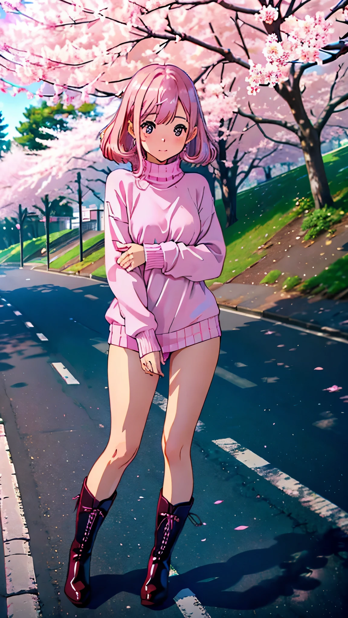 (NSFW, Highest Quality, Masterpiece), (Shiny skin, Metallic sheen on the sweater), (Very detailed, from the girl's tousled pink hair to her polished boots), (Wide-angle, capturing the expansive road and surrounding pink cherry blossom trees), (Full body shot, highlighting the girl's curves and fashionable attire), (Composition, balance, and harmony in the arrangement of the girl and the environment), (Rhythm in the movement of the cherry blossoms and the road), (Color contrast between the pink blossoms and the girl's pink hair and sweater), (Light and shadow, creating depth and dimension),