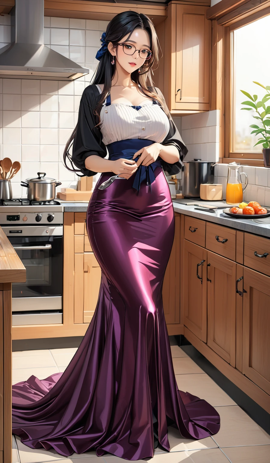 (masterpiece,highest quality,超A high resolution),japanaese girl with long black hair (((Very beautiful 35 year old girl))), pretty house wife woman, a woman in the mermaid long train skirt,the skirt is very long, full body, wear apron, wear glasses,long satin, flowy dramatic long skirt,body height 165, coocking in kitchen, wear high heels,  masterpice  (Shiny long train dress mermaid-style long skirt )