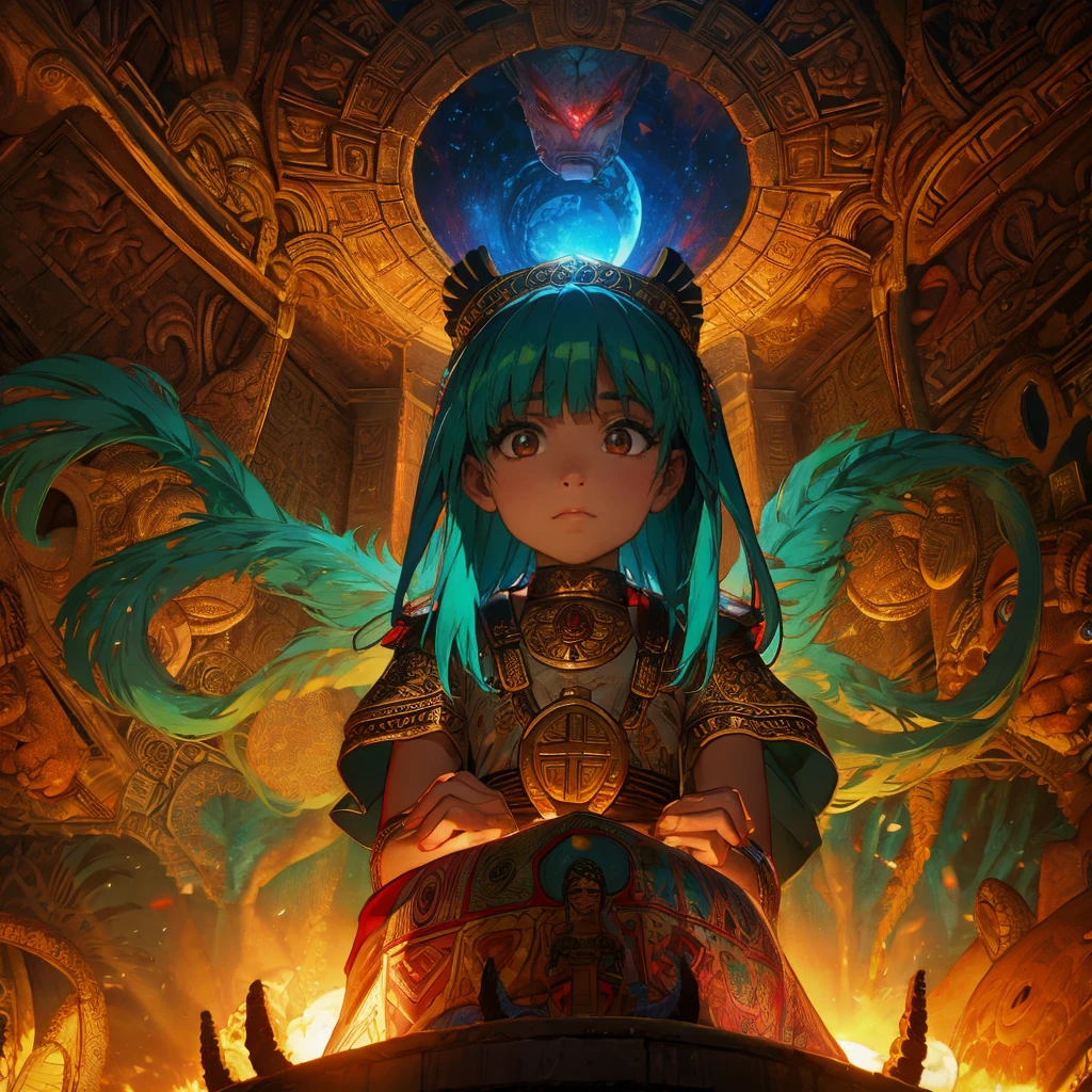 Childish, high quality、Very detailed、8Year、Mayan Aztec young priestess、Flying Feathered Serpent(Quetzalcoatl Kukulkan)look up at the sky and pray、Chichen Itza Forest Temple of the Sun、mysterious、