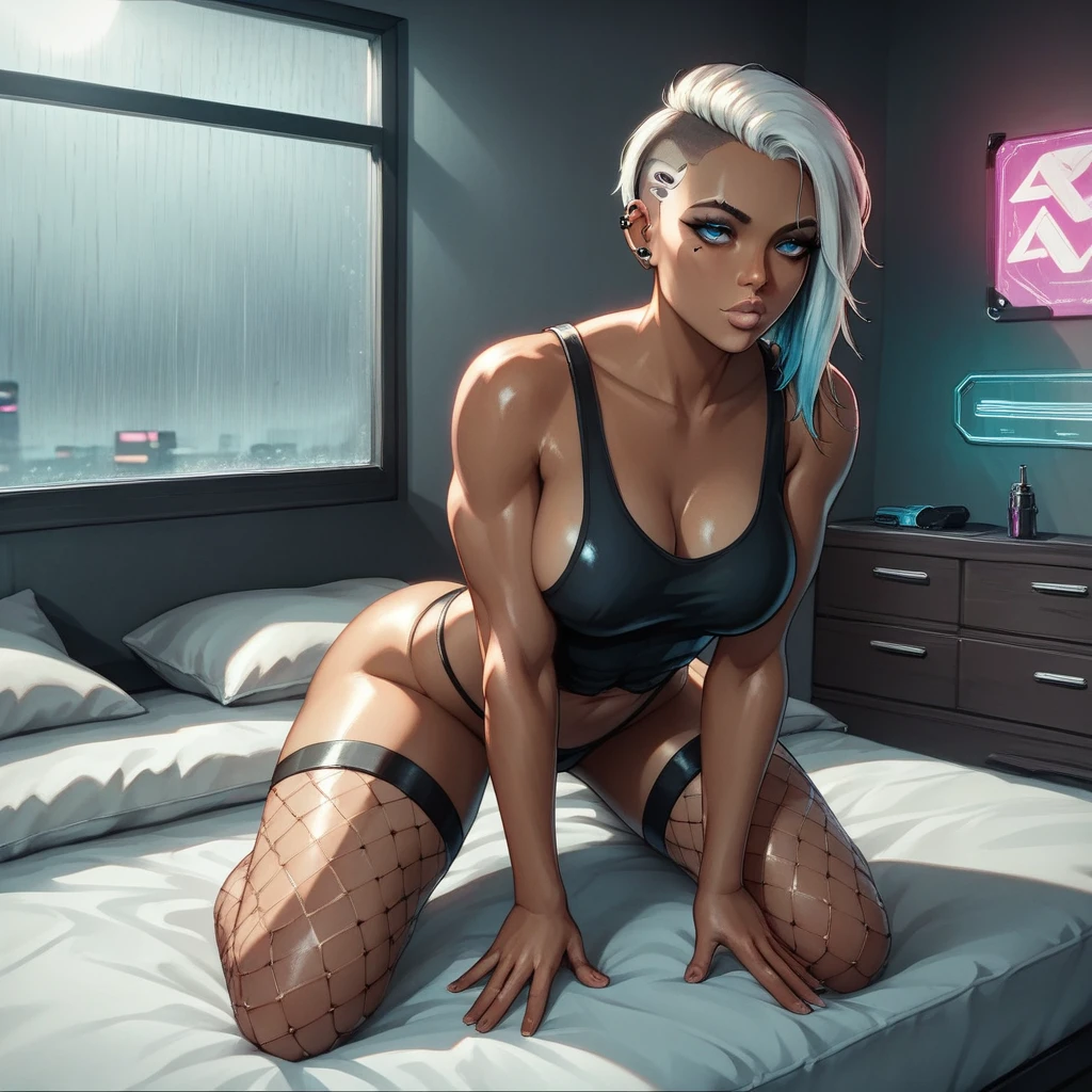 One female (Masterpiece)), high quality, detailed, cyberpunk lounge ,panoramic view, high angle, perfect face, facing me, perfect body, toned abs, round breast, perfect breasts, side boob, blue eyes, doe eyes, half lidded eyes, white hair, undercut hair, really dark brown skin, tanned, pink puckered lips, full lips, ear piercings, black tank top, fishnet loose tank top, fishnet stockings, harness, thong, large quads, kneeling on mattress, facing me, hands between legs, intricate clothes lining, cinematic lighting, purple and blue hues, accurate light physics, night, raining, highly detailed dystopian city, detailed background, holographic bill billboards, me, cyberpunk lounge, floor to ceiling window, futuristic furniture, volumetric lightning, dark moody lighting, shadows, highlights.