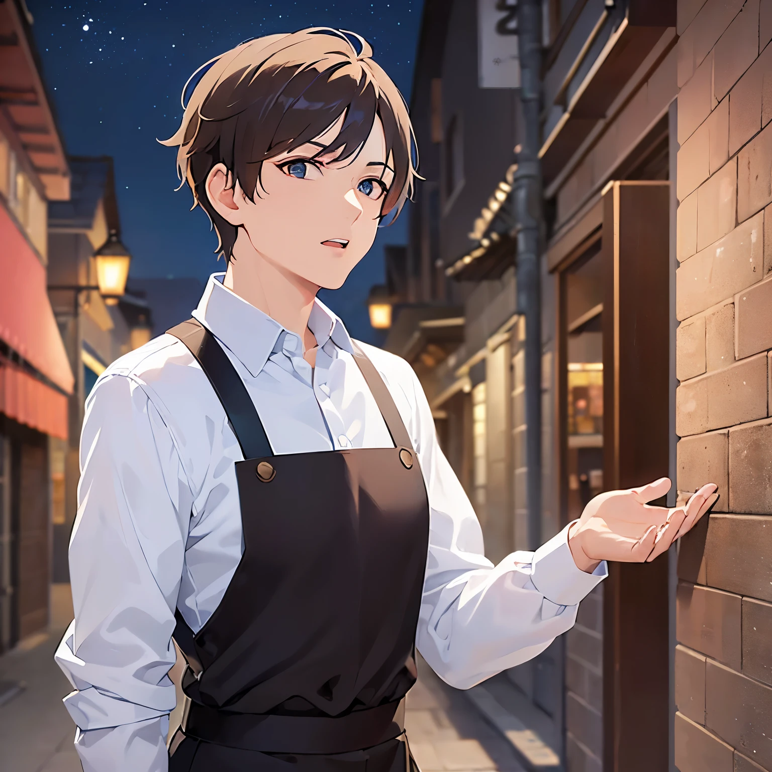 BREAK (25-year-old male:1.5) and (Mahogany brown short hair) and (Green Eyes)
BREAK (white collared long shirt) 、apron、(looking away:1.5),upper body、open hands,Looking down、
masterpiece、Highest quality、
confused、open mouth,The background is a back alley at night、(Night Sky:1.5)、alone、Upper body is shown