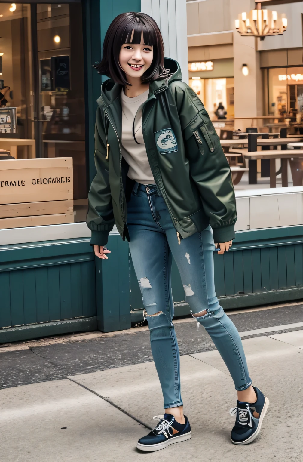 Chiaki Nanami in casual clothes at the shopping mall,Full body photo、 Black Hair、Short Haircut、Ear piercing、fringe, Teal hooded jacket, smile、Looking into the camera, 20-year-old girl, , Olive green blouse, Skinny jeans、sneakers、,chiaki nanami, Nanami Chiaki