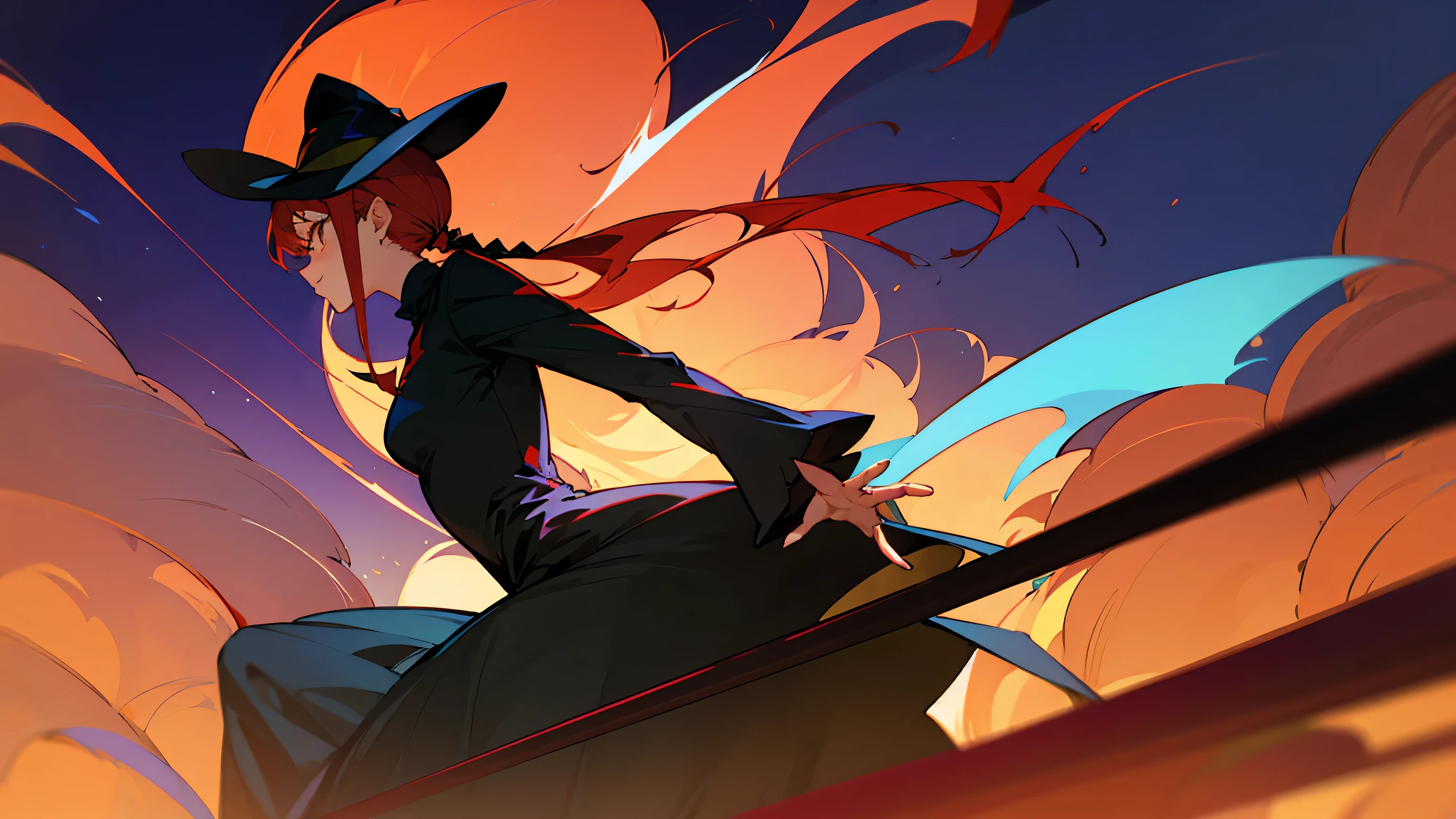 Red haired ponytail girl、Pointy hat、Witch-like、Anime atmosphere、profile、Mysterious、Black Dress、Straddling the broom、Flying Witch