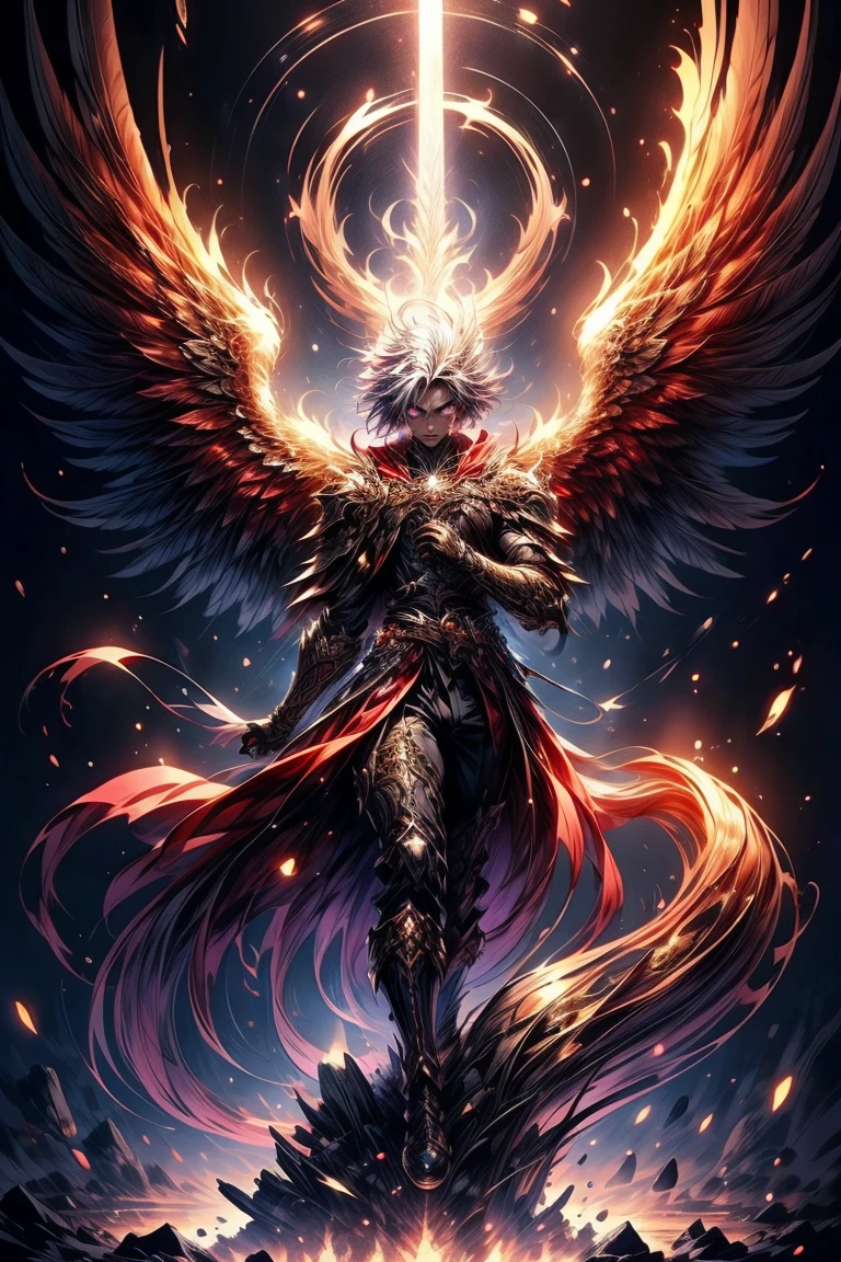 Masterpiece, best quality, high resolution, unified 16k wallpapers, uhd, DSLR, clean, highly detailed, 1 male ( a male ) a man, ****ung man, handsome face, good looking face,  very long white flowing hair ( light in the hair ), bright purple eyes ( glowing eyes), large angel wings ( purple colored wings ), wings on fire ( purple colored flames ), glowing angelic being, inspired by a Phoenix warrior, cold expression ( cold look ), surrounded by the splendos of the earth, toned muscles and physique, wearing black pants, black hoodie and watch, pay attention to stunning details, cinematic, and achieve a resolution of 128k, floating holding a fantasy sword, with a majestic aura of authority, shadowverse style. Full body