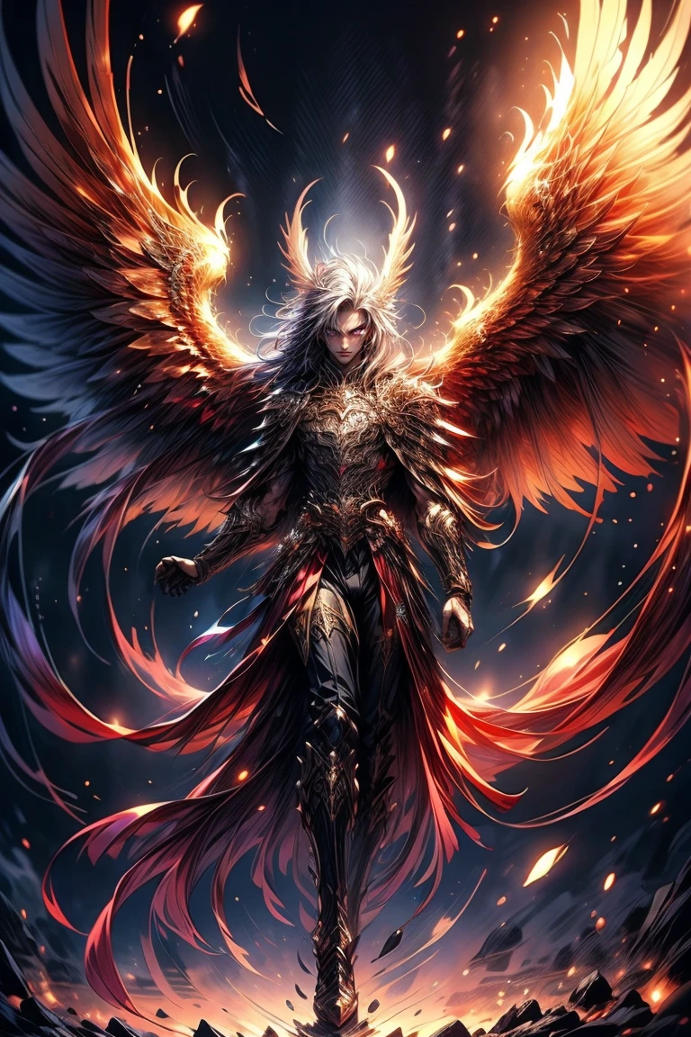 Masterpiece, best quality, high resolution, unified 16k wallpapers, uhd, DSLR, clean, highly detailed, 1 male ( a male ) a man, ****ung man, handsome face, good looking face,  very long white flowing hair ( light in the hair ), bright purple eyes ( glowing eyes), large angel wings ( purple colored wings ), wings on fire ( purple colored flames ), glowing angelic being, inspired by a Phoenix warrior, cold expression ( cold look ), surrounded by the splendos of the earth, toned muscles and physique, wearing black pants, black hoodie and watch, pay attention to stunning details, cinematic, and achieve a resolution of 128k, floating holding a fantasy sword, with a majestic aura of authority, shadowverse style. Full body