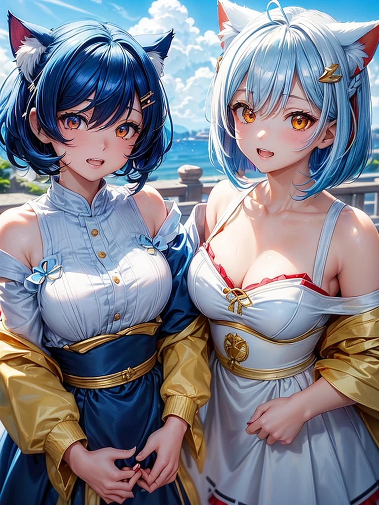 (highest quality)), ((masterpiece)), (family friendly), Perfect Face,Shiny skin,Beautiful breasts,Shiny skin、Kyoto Animation style painting、(((Short Bob)))、Cat ear、(((Double teeth)))、(((Sky blue hair color)))、(((White tips of hair)))、(((Red hairpin))) 、(((Golden Eyes)))、Sunburned skin、night、
、Light blue hoodie