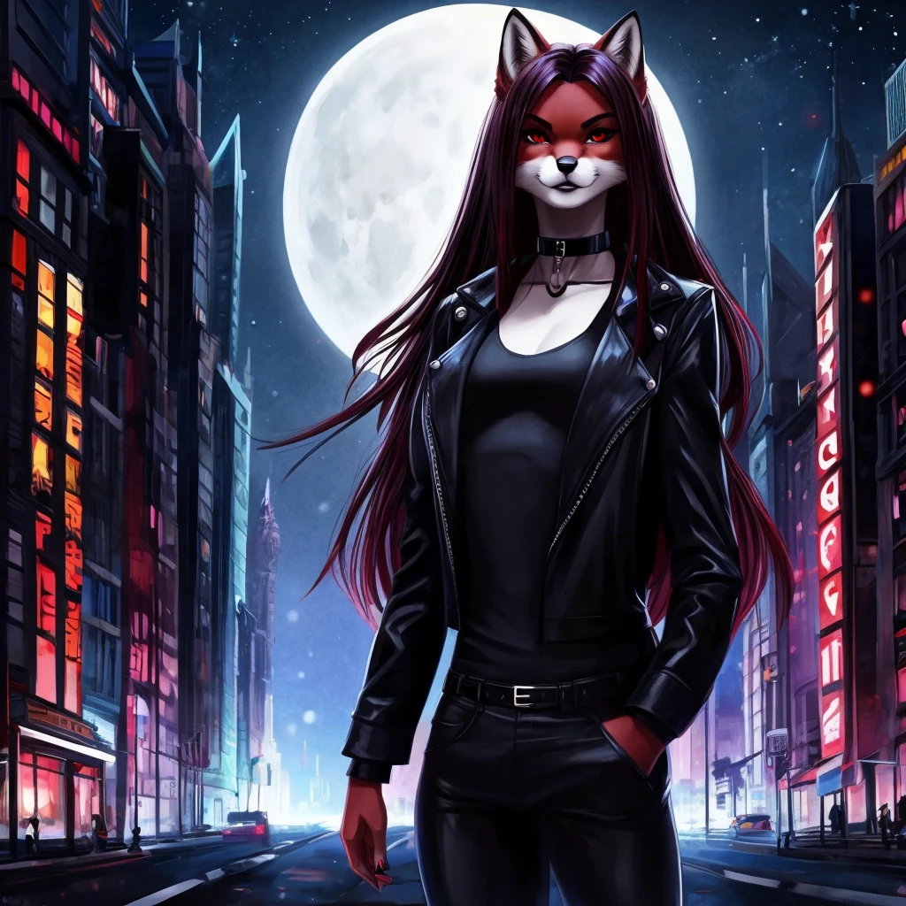 furry girl red fox with red eyes, with black long hair, with burgundy lipstick, with a black choker around his neck, in a classic black jacket with a black top, sexy pose, stands with a seductive look against the backdrop of the night city