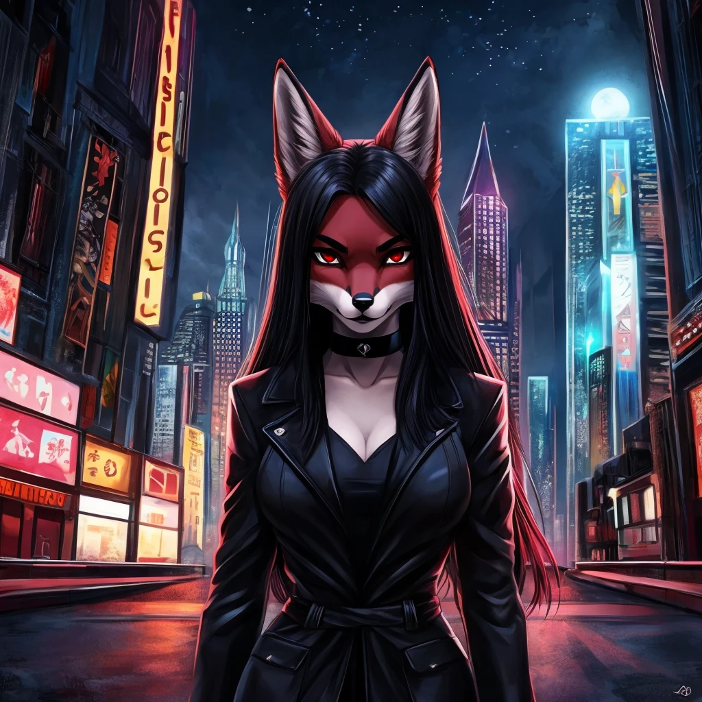 Draw a furry girl, a red fox with red eyes, with black long hair, with burgundy lipstick, with a black choker around his neck, in a classic black jacket with a black top, stands with a serious look against the backdrop of the night city 