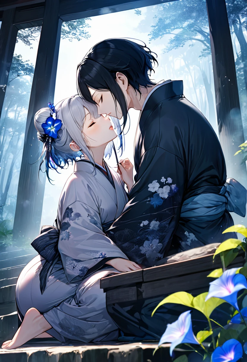 (lovers kissing style) (boy is kissing to girl), (a crew cut silver very short hair 16 yoboy, closed eyes) and (a asymmetry bangs Messy bun black long hair sadist girl closed eyes), lovers kissing, in a immensely beautiful yukata with double exposure morning glory) break, in the An empty shrine, background Night forest, many Noctiluca, girl is sit down on Shrine stairs, BREAK, perfect anatomy, masterpiece, best quality, 16k, beautiful detailed night, daydreaming expression.