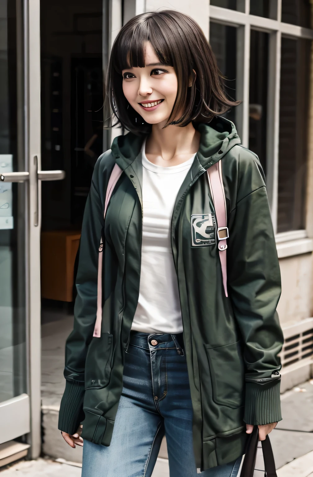 Standing woman、,Full body photo、 Black Hair、Short Haircut、Ear piercing、fringe, Teal hooded jacket, smile、Looking into the camera, 20-year-old girl, , Olive green blouse, Skinny jeans、sneakers、The background is the entrance to the building