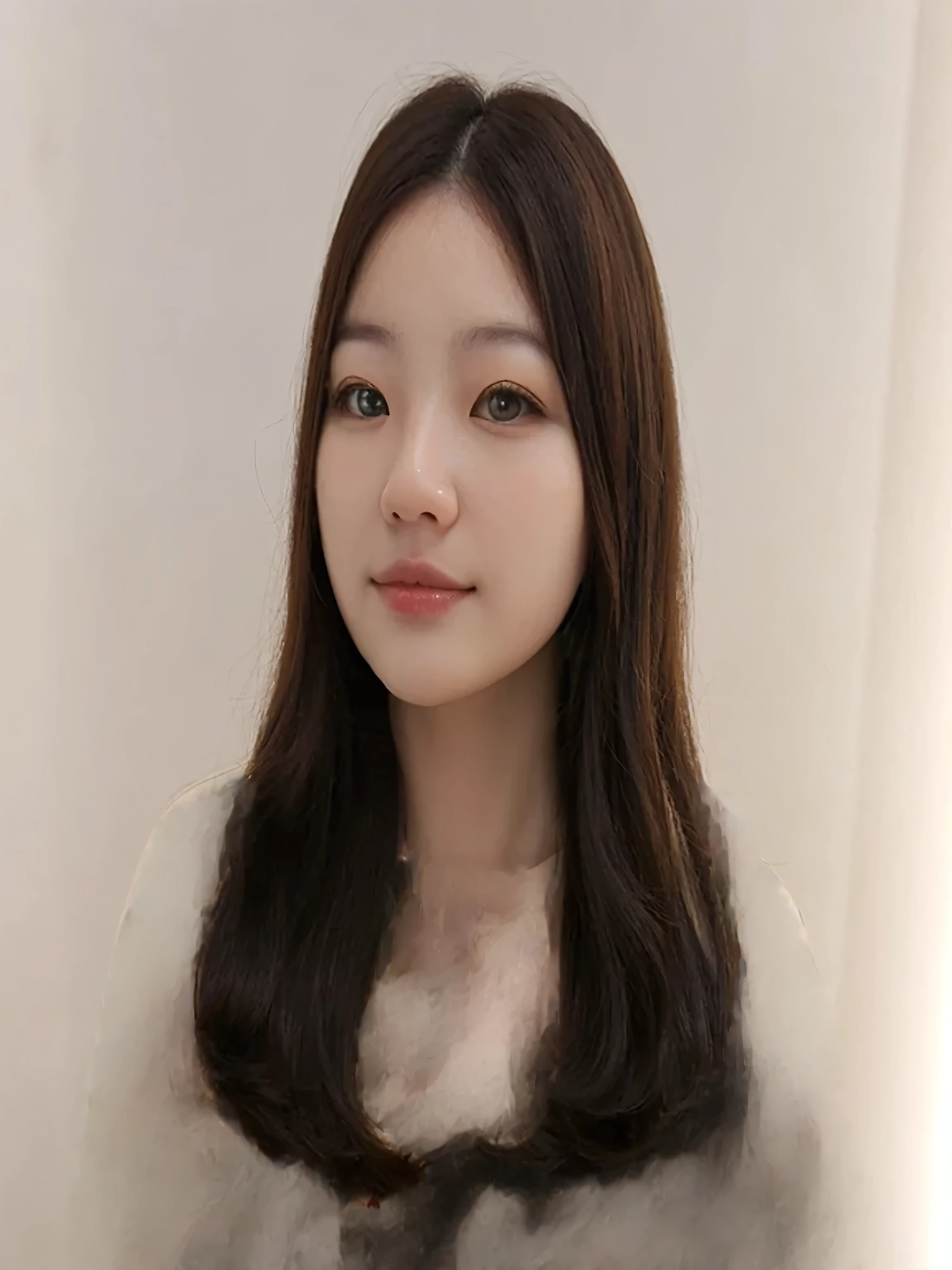 Best Quality, 8k, Masterpiece, (Portrait: 1.3), (photo realistic:1.4), (hyper realistic:1.4), Sharp Focus, looking at viewer, (smoother lighting:1.1), (increase cinematic lighting quality:0.9), realistic lighting, backlighting, light on face, ray trace, (brightening light:1.2), (Increase quality:1.4), sharp detail, (best quality real texture skin:1.4), finely detailed eyes, black_eyes, finely detailed face, 25 year old Korean woman, (white formal_shirt:1.4), (Create an image maintaining the original base model hairstyle:1.5)