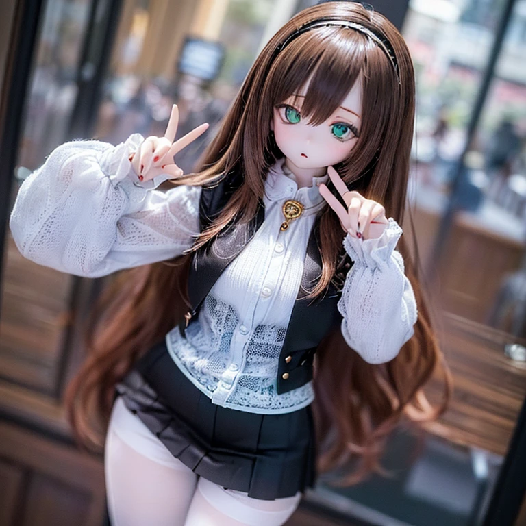 (SFW:2), photorealistic, realistic photo, 8k, ((highest quality)), ((masterpiece)), (extremely detailed), kukolnydom, doll, (mature woman, 21yo, 21 years old, solo:1.6), ((cowboy shot, stylish pose, slim, slender, skinny, medium breasts, hairband, ascot, vest, blouse, long puff sleeves, pleated skirt, black pantyhose)), (green eyes, brown hair, long hair, plastic skin, looking at another, glass eyes, gradient eyes, shining eyes, detailed eyes:1.3)