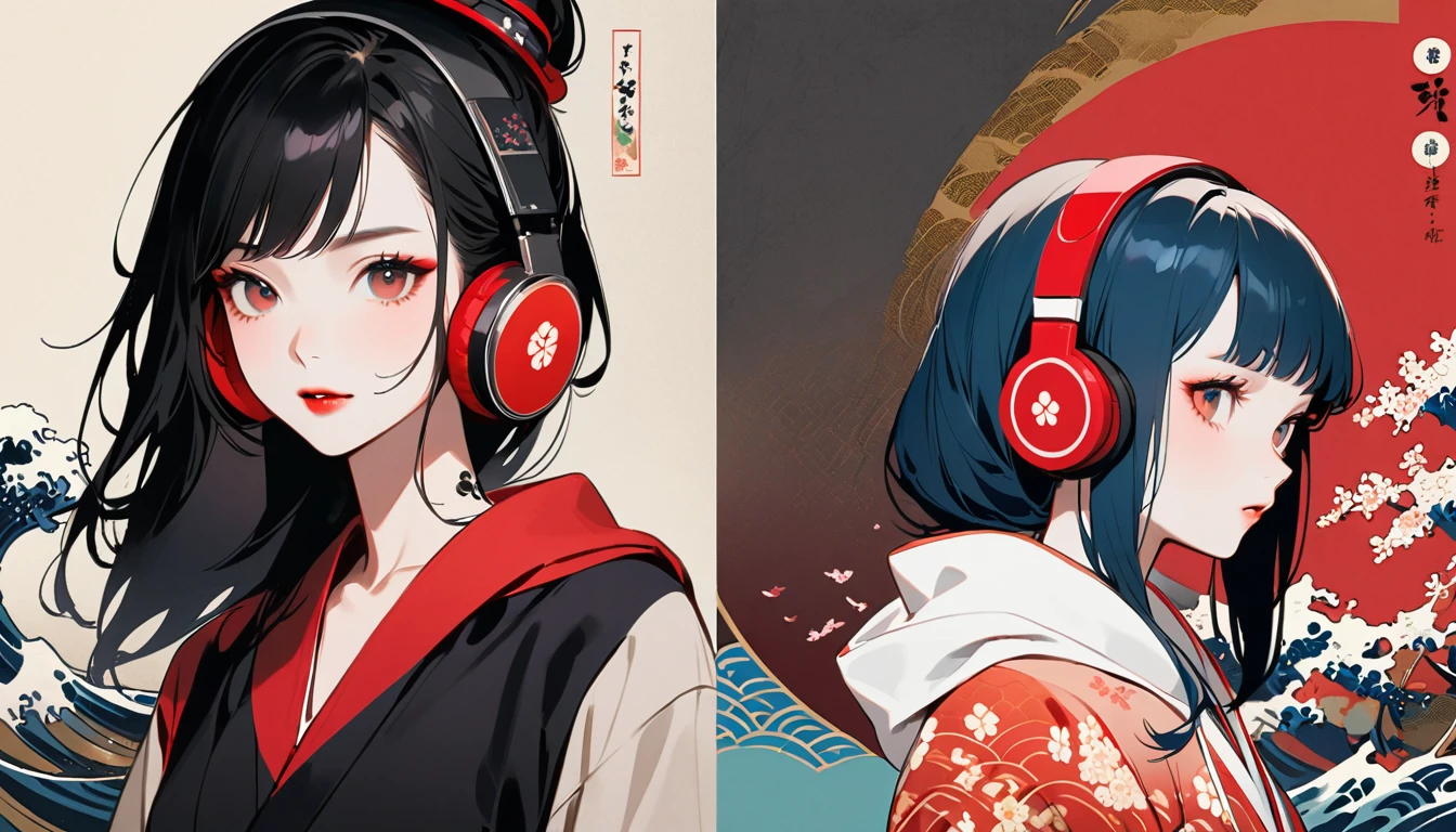 (((Ink Painting))), Fashion portrait color photos, (((1 girl))), (((Flashy makeup))), (((Japanese style headphones))), (((Japanese pattern hoodie))), (((Put on the hood))), Japan人の美少女, Black Hair, Delicate and precise, Modern ukiyo-e style,Japan, Japanese flag, red and blue neon