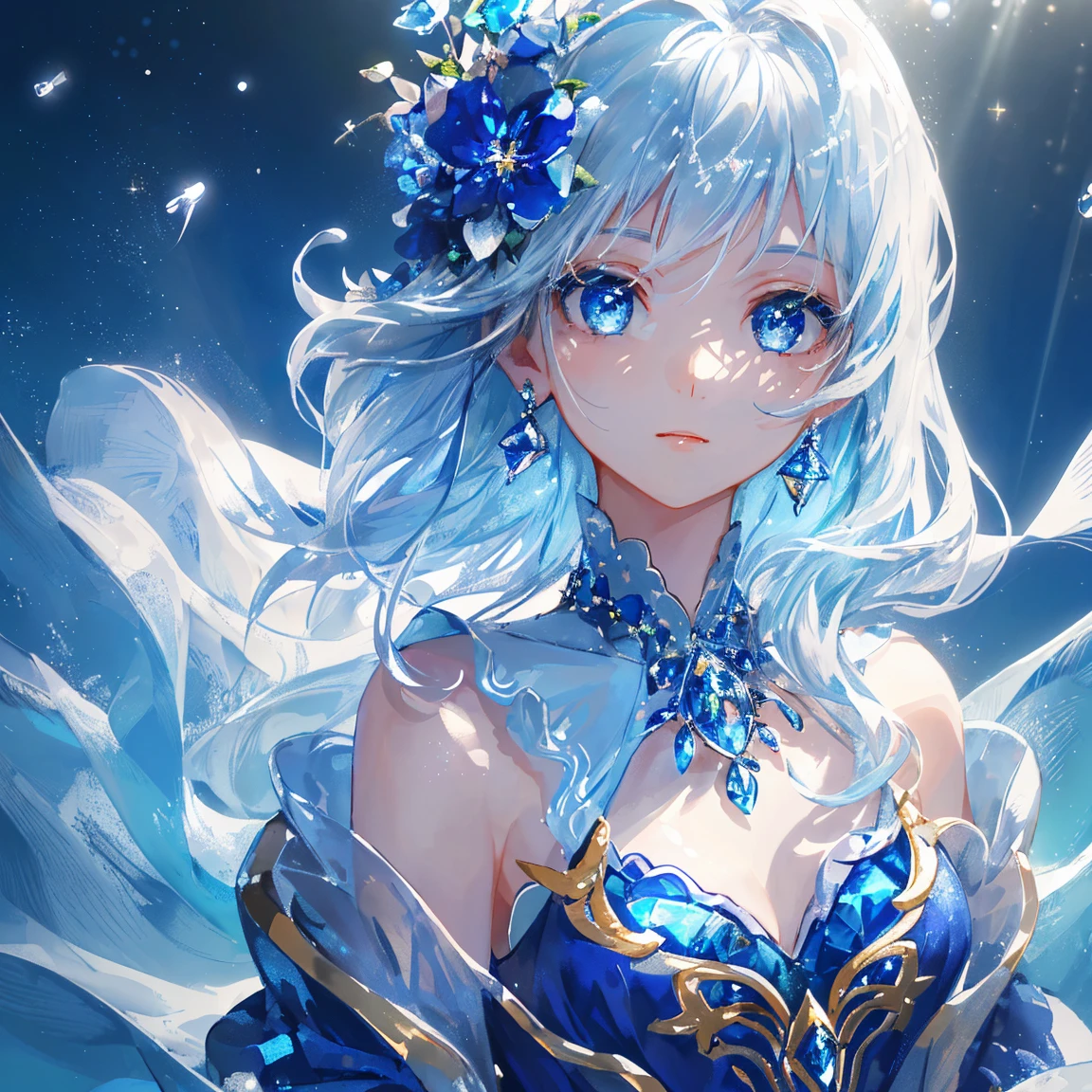 1 girl masterpiece, highest quality, shape, blue sapphire eyes and hair, blue sapphire earrings, blue sapphire necklace, sea, water fairy, cute, (dynamic lighting:1.2), cinematic lighting, delicate features, fine eyes, sharp pupils, realistic student, written boundary depth, Bokeh, sharp focus, (very detailed, bloom, shine:1.4), lots of little gems