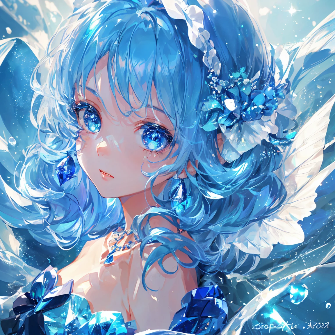 1 girl masterpiece, highest quality, shape, blue sapphire eyes and hair, blue sapphire earrings, blue sapphire necklace, sea, water fairy, cute, (dynamic lighting:1.2), cinematic lighting, delicate features, fine eyes, sharp pupils, realistic student, written boundary depth, Bokeh, sharp focus, (very detailed, bloom, shine:1.4), lots of little gems