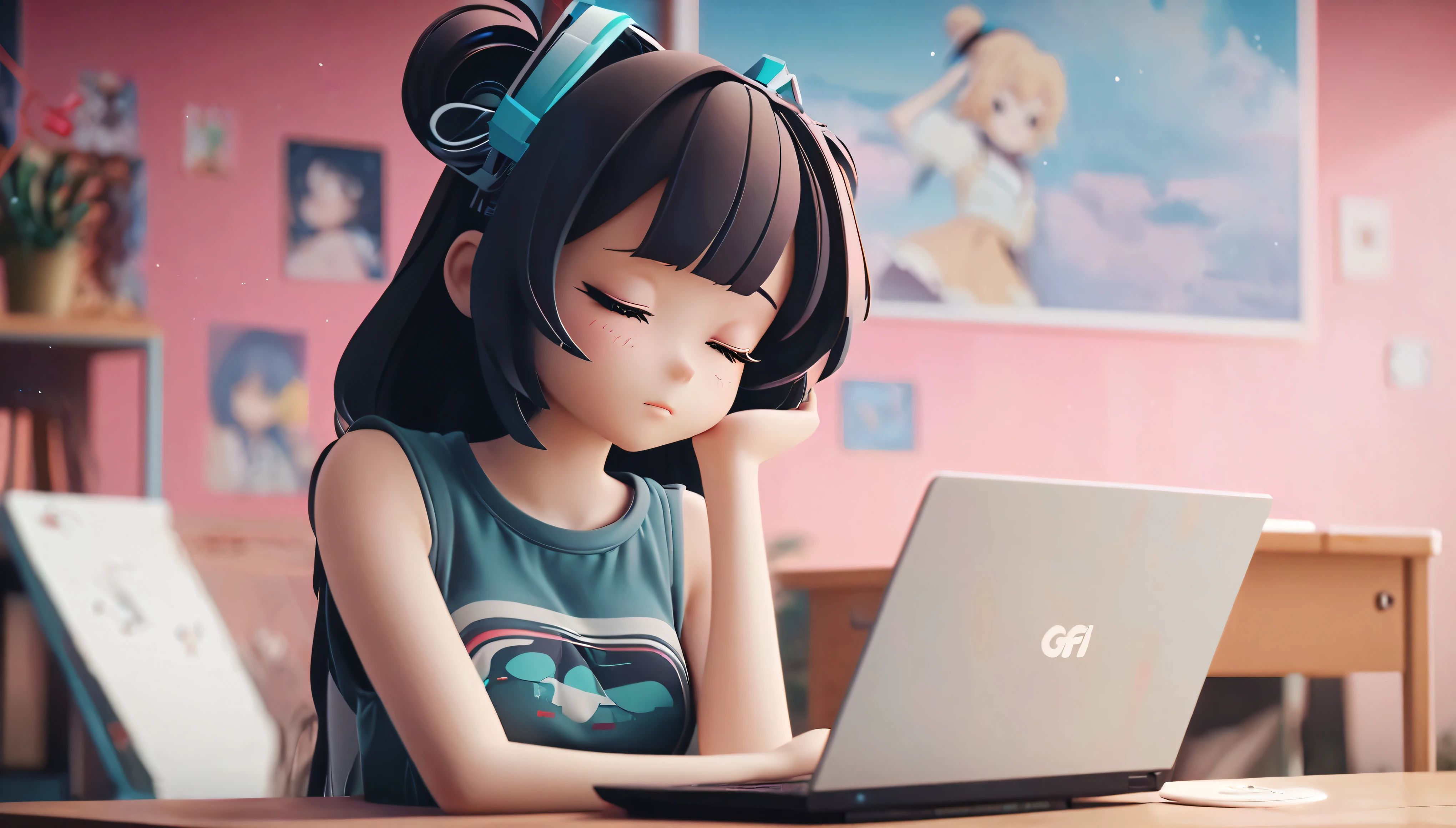 Anime girl sleeping on a desk with a laptop, Nightcore, Lo-fi art style, LOFI Girl, Anime Style 4k, Anime Aesthetics, Anime atmosphere, anime art wallpaper 4k, anime art wallpaper 4k, Lo-fi feeling, relaxed mood, Gweiz-style artwork, Portrait of Rofi,8k