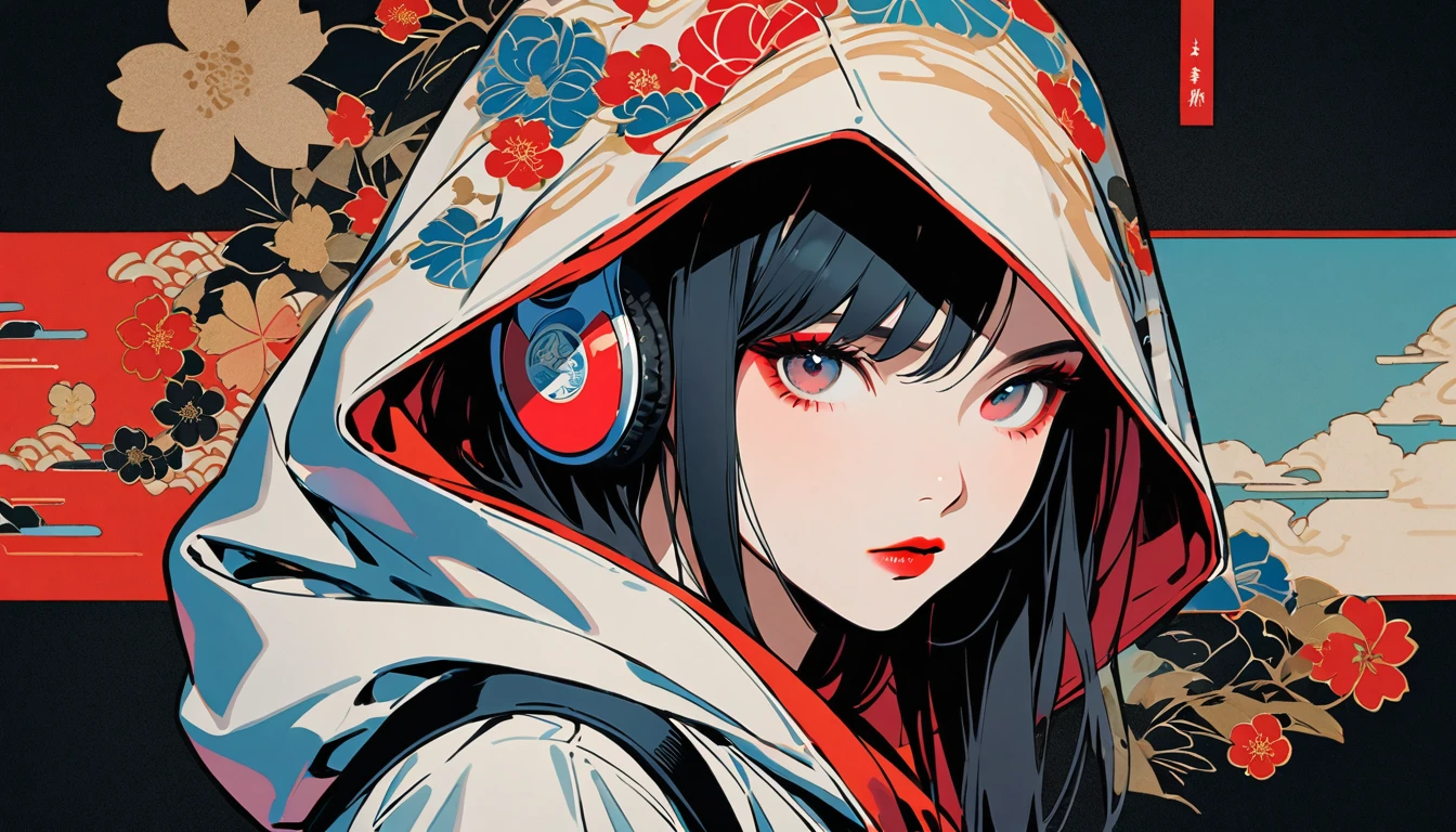 (((Ink Painting))), Fashion portrait color photos, (((1 girl))), (((Flashy makeup))), (((Japanese style headphones))), (((Japanese pattern hoodie))), (((Put on the hood))), Japan人の美少女, Black Hair, Delicate and precise, Modern ukiyo-e style,Japan, Japanese flag, red and blue neon