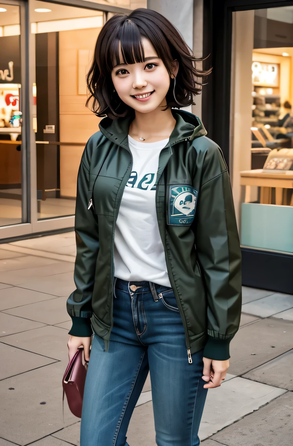 Chiaki Nanami in casual clothes at the shopping mall,Full body photo、 Black Hair、Short Haircut、Ear piercing、fringe, Teal hooded jacket, smile、Looking into the camera, 20-year-old girl, , Olive green blouse, Skinny jeans、sneakers、,chiaki nanami, Nanami Chiaki