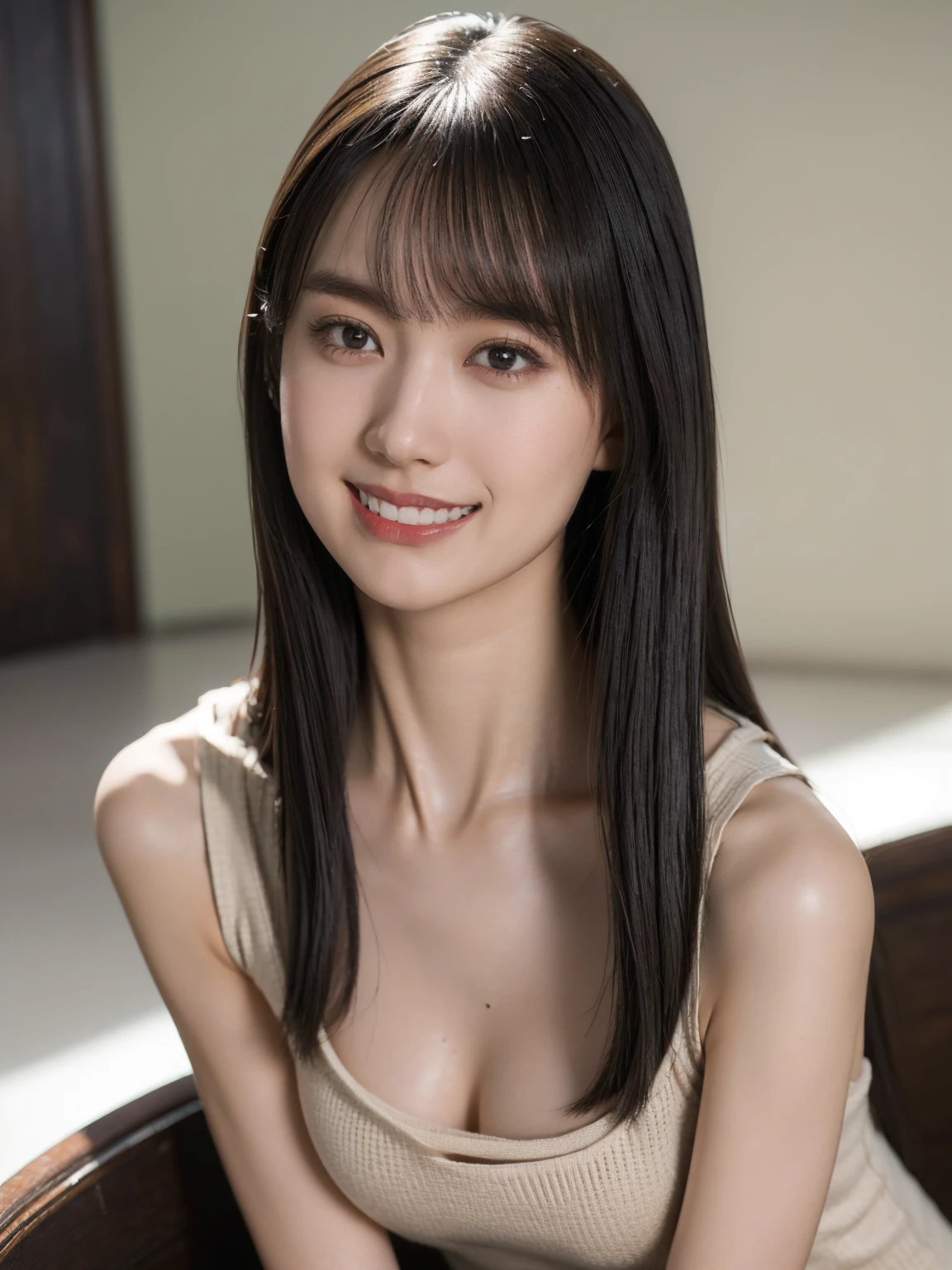 (masterpiece:1.3), (8K, Photorealsitic, Raw photography, Top image quality: 1.4), Japan high school girls、medium hair、((natural big breast:1.2)、Super Detail Face、Eye of Detail、Bring your chest together、sharp focus:1.2、、light brown hair、top-quality、masterpiece、超A high resolution、(Photorealsitic:1.4)、Highly detailed and professional lighting smile、Loose and light knit tank top、Shoulder out、slender、serious facial expression、medium-haired、Fatal position.