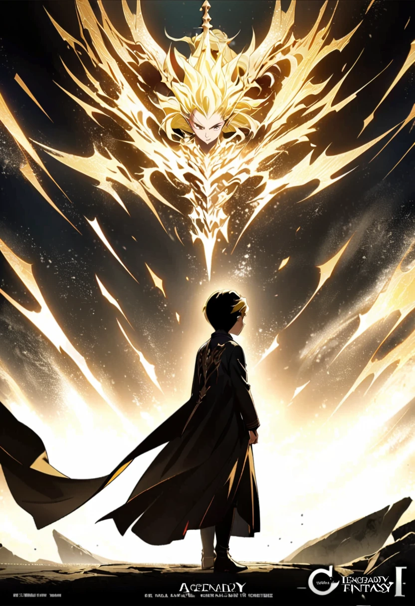1 small boy, ,stand with back,No Page,Blonde hairstyles,full body angle,Legendary pictures,ตรงหน้ามีวิญญาณอัศวินไฟสีฟ้าในโลกFantasy,Fantasy