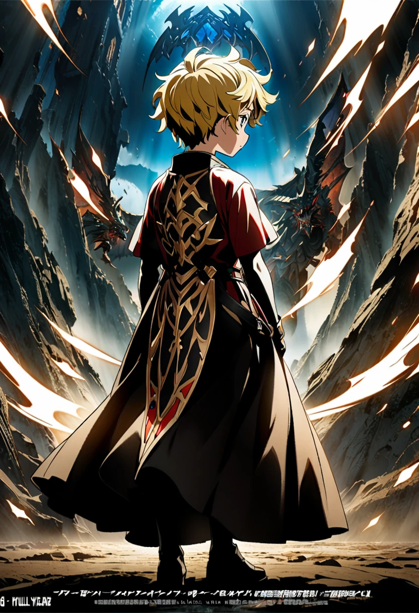 1 small boy, 7 years old,stand with back,No Page,Blonde hairstyles,full body angle,Legendary pictures,ตรงหน้ามีวิญญาณอัศวินไฟสีฟ้าในโลกFantasy,Fantasy