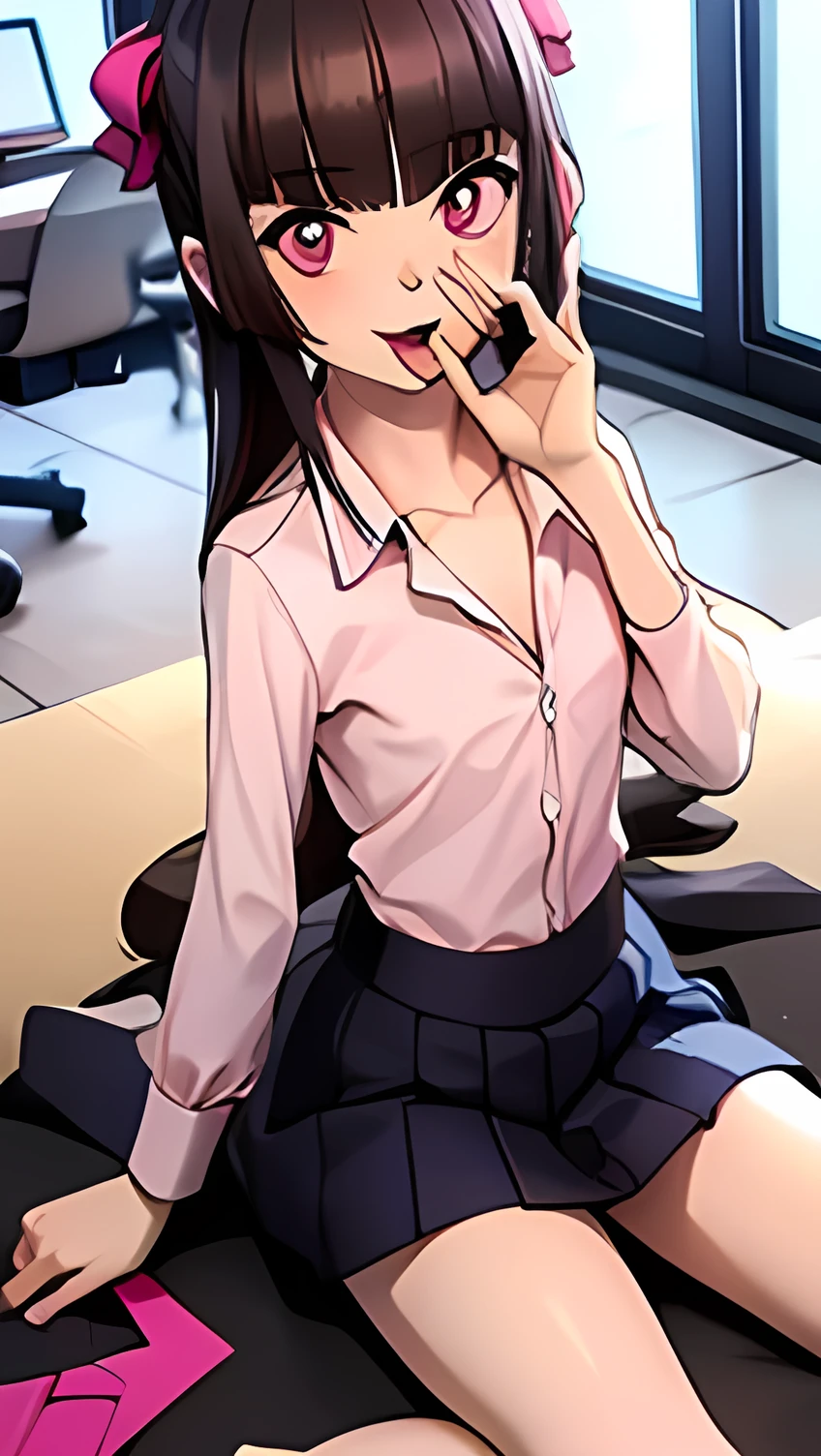 masterpiece,office,Black Hair,Pink jacket,White shirt,small breasts are exposed,Beautiful fingers,５Finger,Spread your legs,M-foot:1.7,Job hunting suit:1.5,Ahega,Sticking out tongue,Blowjob Gestures,A mischievous smile with her fingers around her tongue,to ridicule,Troubled face, despise, despise,Improve, clavicle, White shirt, Collared shirt, mini skirt,High heels