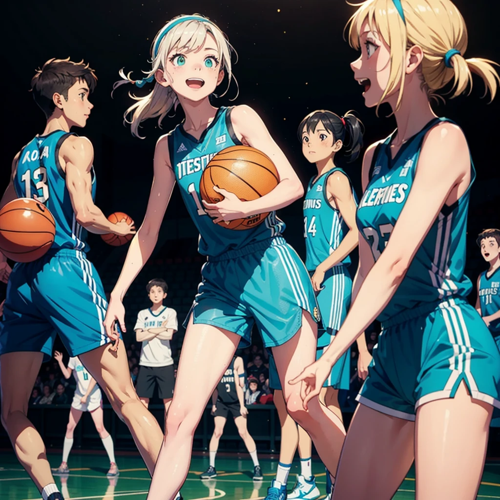 「Depicts a group of boys enthusiastically playing basketball、Create cute and fluffy watercolor illustrations。This scene、Their concentration、Teamwork、The excitement of the game needs to be conveyed in a vibrant, pastel style.。
Key Elements：
Two or three boys in dynamic poses: One dribbles the ball、The other prepares to shoot.、The third player is playing defense. They are wearing colorful basketball uniforms with fun patterns and numbers. Their faces show determination and joy. Setting:
A vibrant basketball court with soft pastel lines and markings and a cheerful crowd in the background、Some were holding encouraging signs. Artistic style.:
With gentle color gradation、Soft detailed watercolor techniques pastel color palette: Light blue、Soft Pink、Mint green、Sunny Yellow Include Details:
Flowing Hair、Perhaps a cute headband or hat with little sparkles or light particles around it、Enhances the energetic atmosphere。
A subtle flow of traffic that conveys speed and excitement：
少年たちはTeamworkを示す方法で配置され、Possibility to form triangles and dynamic action scenes Cheer on your friends、Background elements such as cute animal mascots to cheer them on：
Camaraderie、Competitive、like々It captures the spirit of basketball and conveys a vibrant vibe.、Additional elements that create a quirky, uplifting quality:
Playful touches like butterflies flitting around the court Small details like water bottles and towels on the sidelines