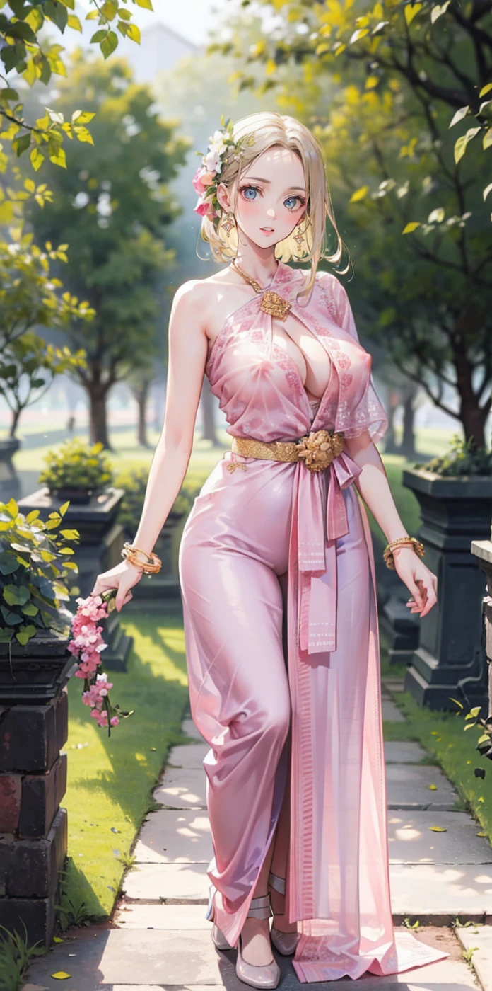 (2 young women ,beautiful woman),folk girl，long, blonde hair , blue eyes , braid ,Purple Thai dress,กระโปรงไทยโบราณlong，holding a jasmine garland,countryside，countryside，beautiful scenery，Ancient ruins of Ayutthaya，smile with teeth，forehead，forehead exposed，big ，rift, ,(2 young women ,beautiful woman),หน้าอกbig,Show your breasts,The cracks are clear.....,((หัวนมbig))，(pubic bone), rift, visible chest,seductive pose,I see bulging nipples.,(((areolae ขนาดbig:1.4,pink,The nipples are clearly visible........))),(Separate outfit showing nipples:1.4), (semi-naked:1.8)